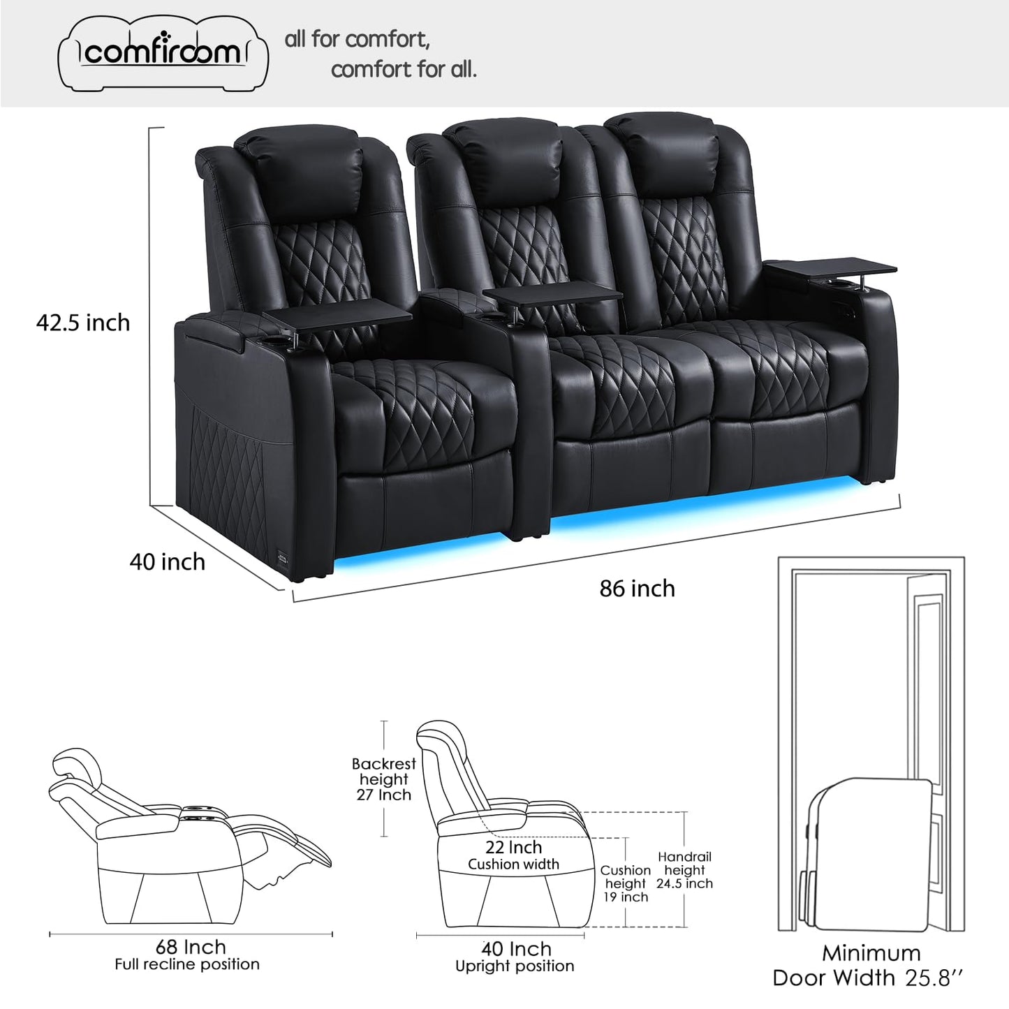 comfiroom Top-Grain Leather Home Theater Seating, Dual-Motor Power Recliner | Classic Series Black Zero Gravity Motorized Theater Chair with USB-C Charging, Adjustable Headrest, Tray Table, Row of 1