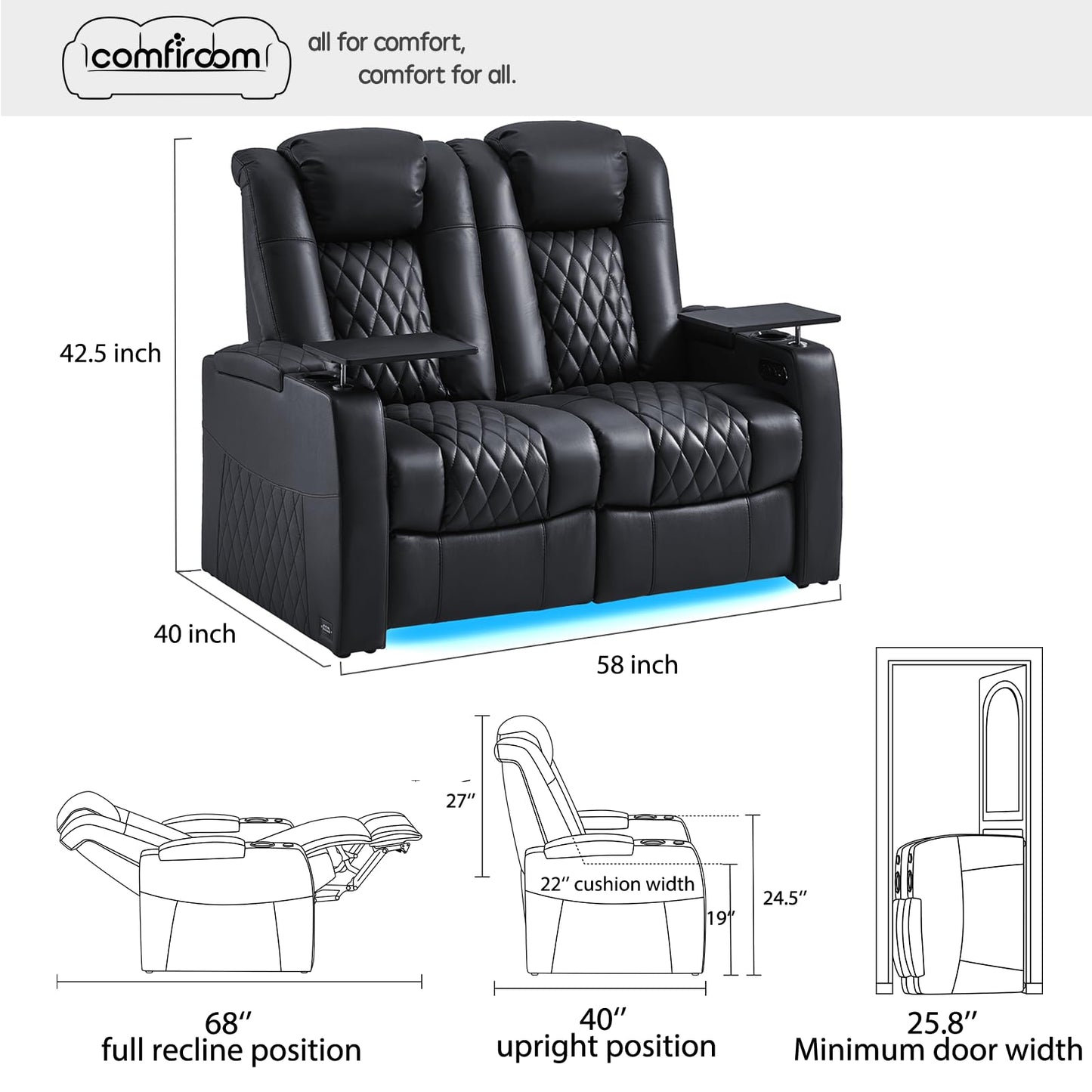 comfiroom Top-Grain Leather Home Theater Seating, Dual-Motor Power Recliner | Classic Series Black Zero Gravity Motorized Theater Chair with USB-C Charging, Adjustable Headrest, Tray Table, Row of 1