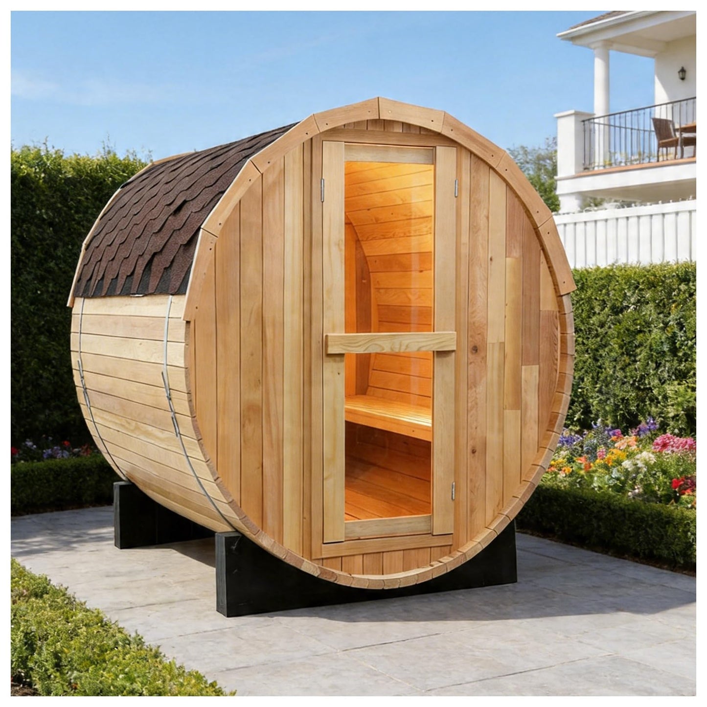 Outdoor Barrel Steam Sauna, 6-8 Person Canadian Hemlock Traditional Wooden Steam Saunas with 220V/6KW Toule Electric Stove, Tempered Glass Sauna Kits for Backyard & Garden (0-195℉)