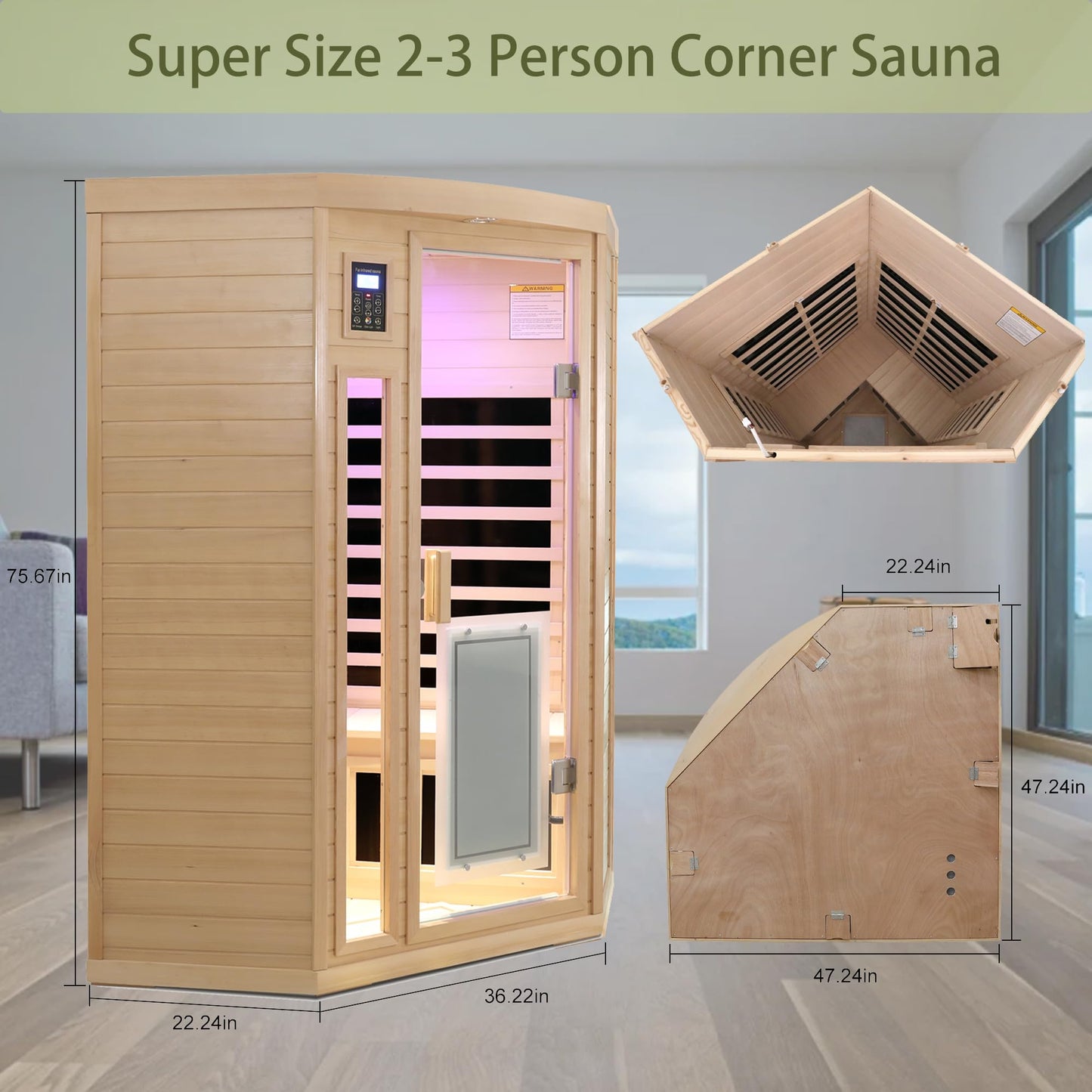 3 Person Infrared Sauna Ceramic Infrared Sauna w/Red Light Therapy | Far & Near Infrared Sauna Indoor, Low EMF Infrared Saunas for Home, Hemlock Deluxe Glass Home Sauna with Granite Backdrop