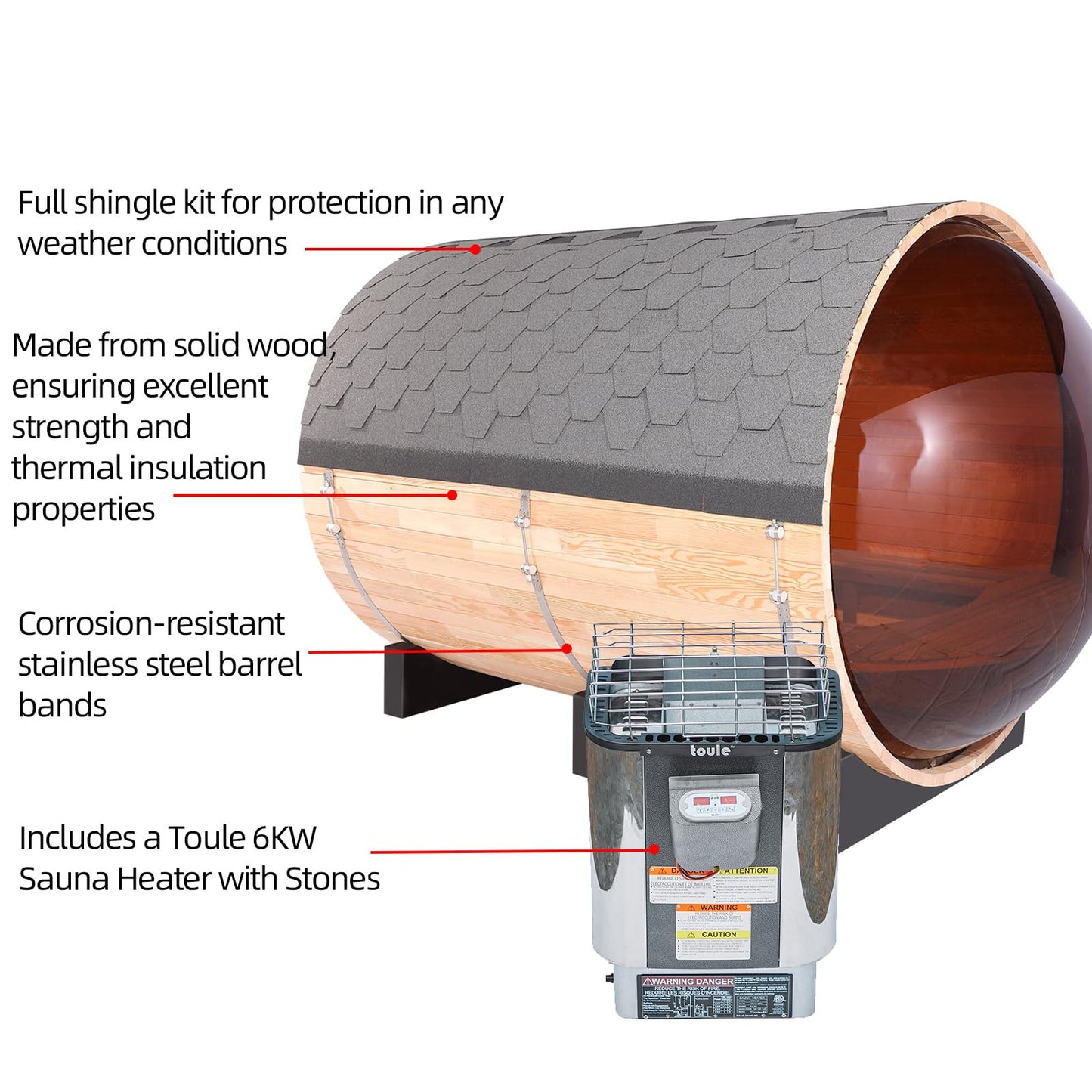 Outdoor Barrel Steam Sauna, 6-8 Person Canadian Hemlock Traditional Wooden Steam Saunas with 220V/6KW Toule Electric Stove, Tempered Glass Sauna Kits for Backyard & Garden (0-195℉)