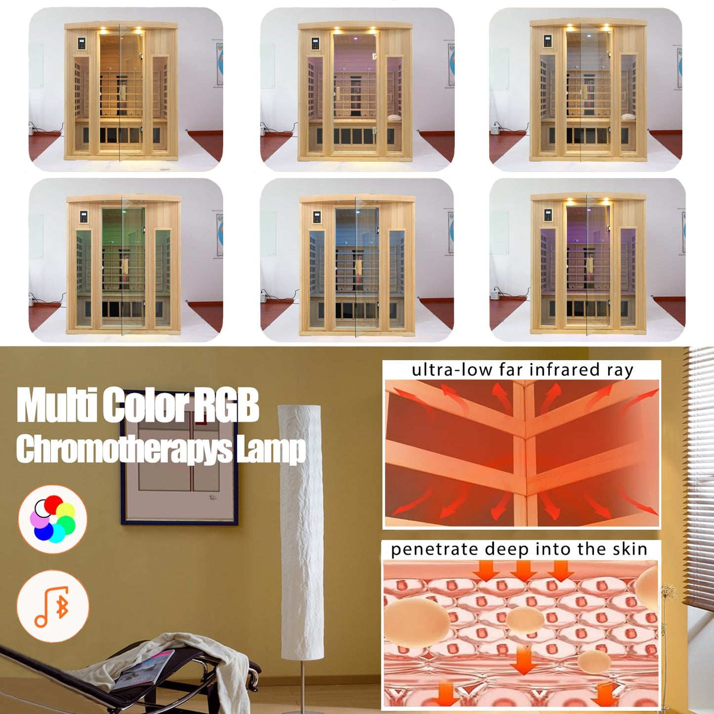 3 Person Infrared Sauna Ceramic Infrared Sauna w/Red Light Therapy | Far & Near Infrared Sauna Indoor, Low EMF Infrared Saunas for Home, Hemlock Deluxe Glass Home Sauna with Granite Backdrop