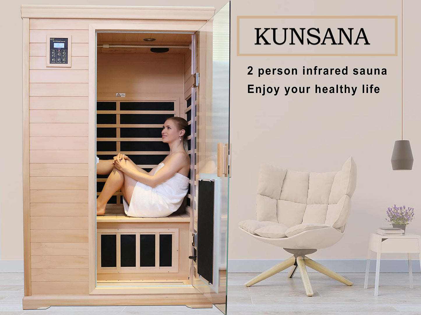 3 Person Infrared Sauna Ceramic Infrared Sauna w/Red Light Therapy | Far & Near Infrared Sauna Indoor, Low EMF Infrared Saunas for Home, Hemlock Deluxe Glass Home Sauna with Granite Backdrop
