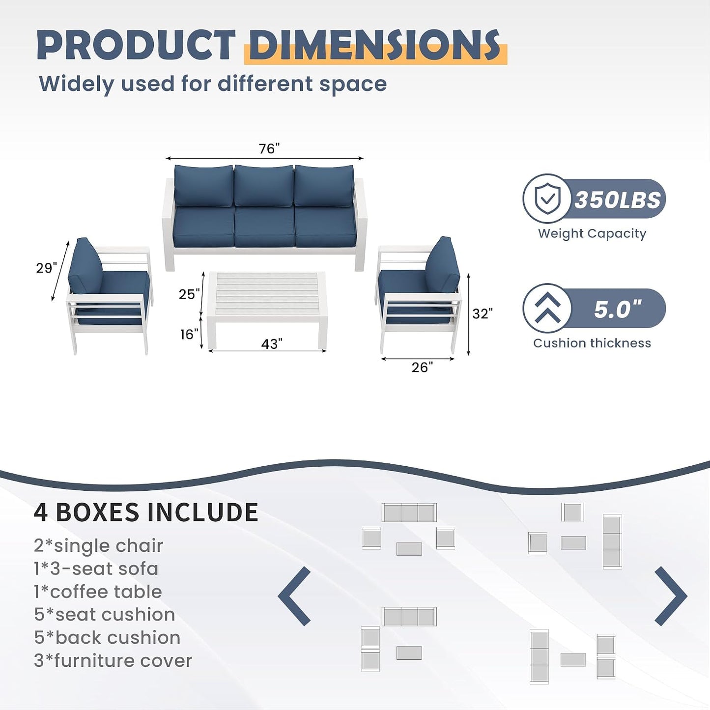 Amopatio Aluminum Patio Furniture Set, 6 Pieces Modern Outdoor Furniture | Outdoor Sectional with Coffee Table, Included Waterproof Covers, for Balcony, Garden, White&Blue