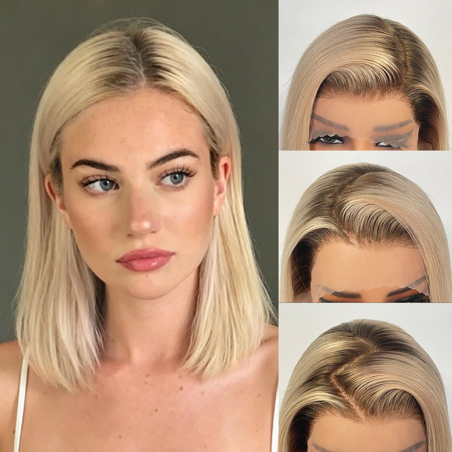 Ash Blonde Wig Human Hair 13x4 Glueless Lace Front Bob Wig 12" | 220% Density Double Drawn 15A Remy Brazilian Human Hair Wig Soft & Full Wear Go HD Pre cut Lace Pre plucked Natural Hairline