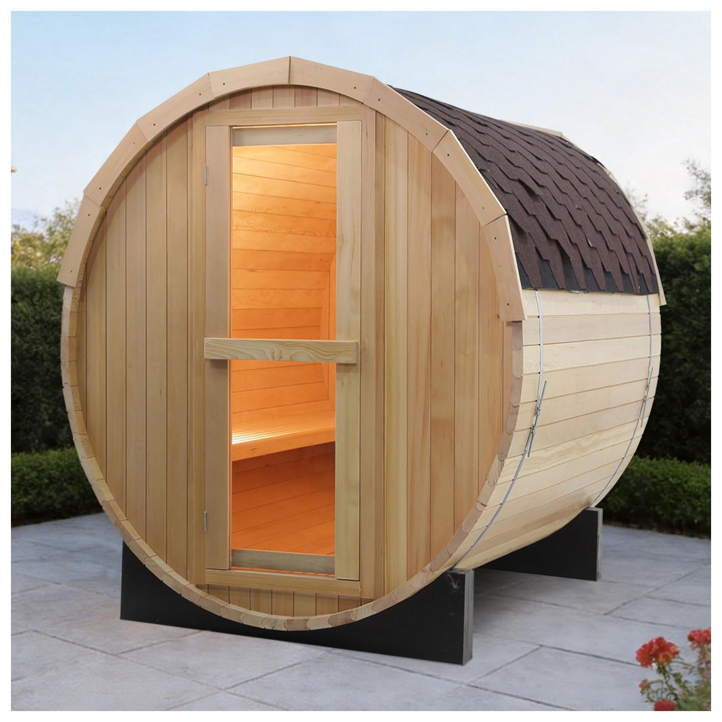 Outdoor Barrel Steam Sauna, 6-8 Person Canadian Hemlock Traditional Wooden Steam Saunas with 220V/6KW Toule Electric Stove, Tempered Glass Sauna Kits for Backyard & Garden (0-195℉)