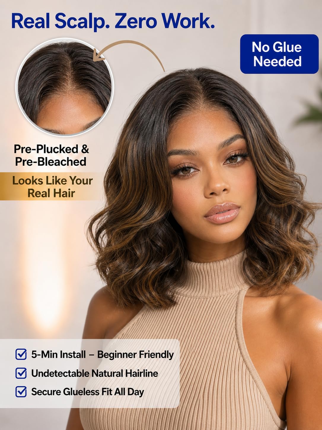 Nadula 13x4 HD Ombre Brown Wavy Bob Drawstring Wig Human Hair with Blonde Face Framing Layers Bangs,Pre Everything Glueless No Slip Wig Pre Plucked Ready to Wear Short Highlight Wavy Bob Wig 10inch