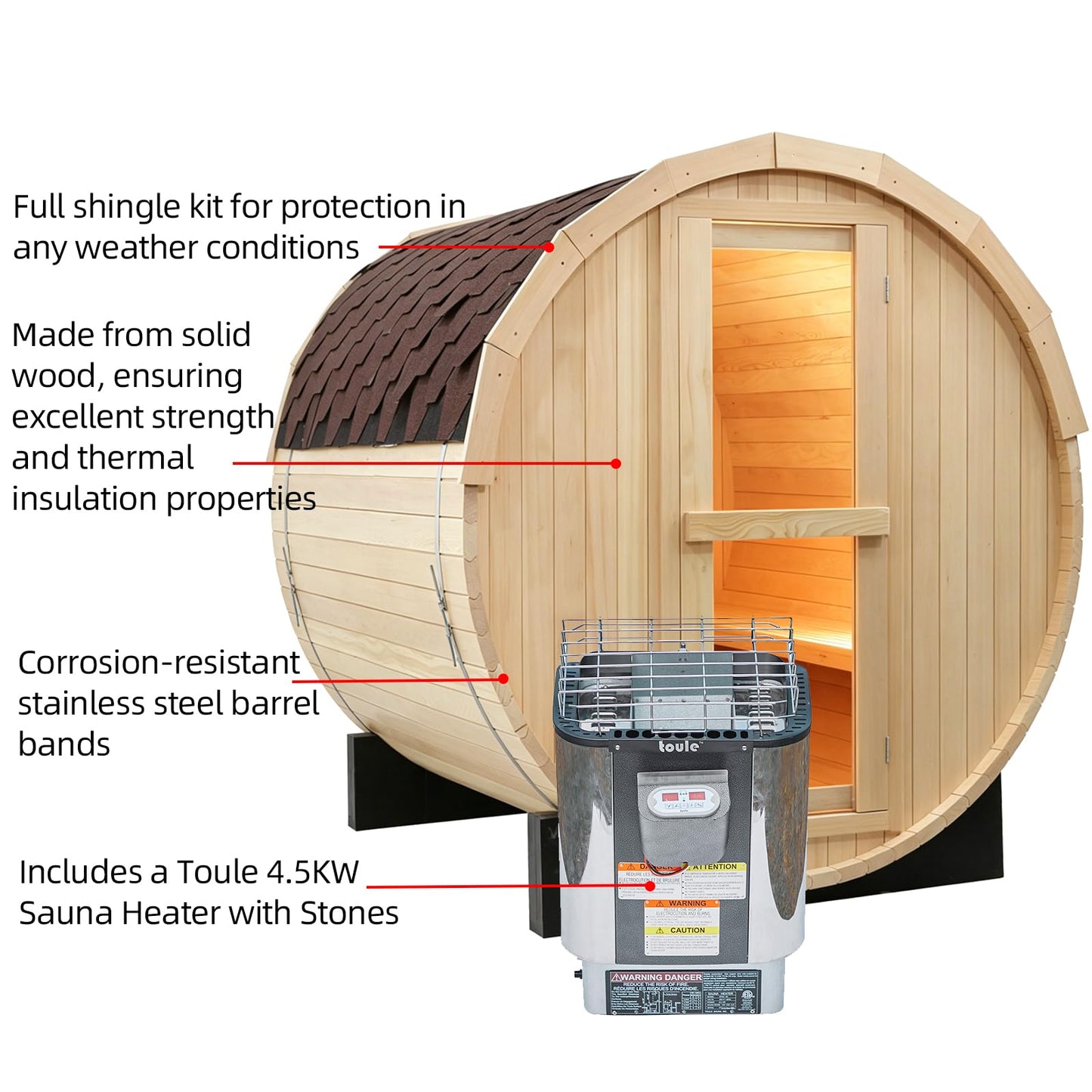 Outdoor Barrel Steam Sauna, 6-8 Person Canadian Hemlock Traditional Wooden Steam Saunas with 220V/6KW Toule Electric Stove, Tempered Glass Sauna Kits for Backyard & Garden (0-195℉)