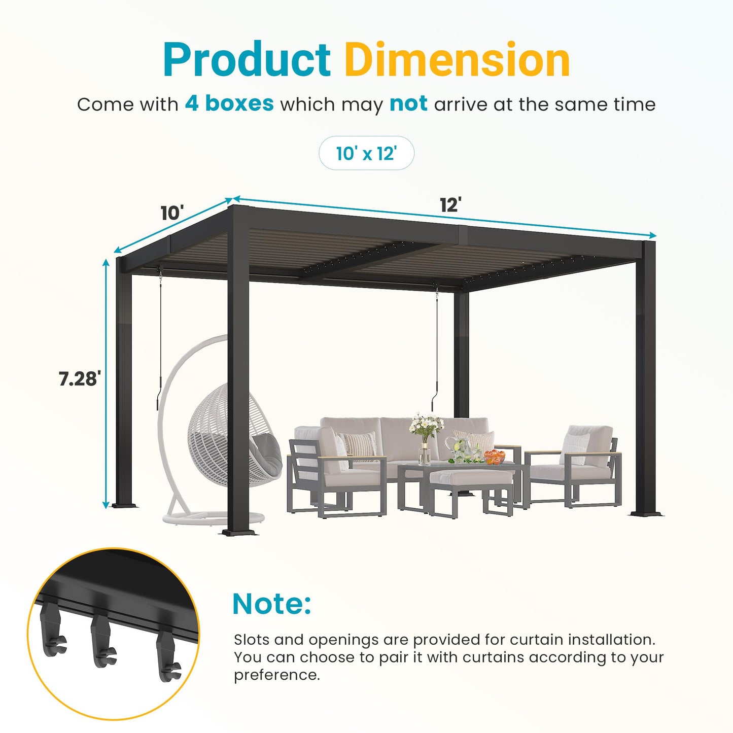 12' x 16' Pergola with Curtain & Adjustable Roof & Aluminum Frame for Patio | Louvered Pergola, Patio Pergola with Netting & Gutter System, Outdoor Pergola, Hardtop Gazebo for Deck, Yard, Dark Gray
