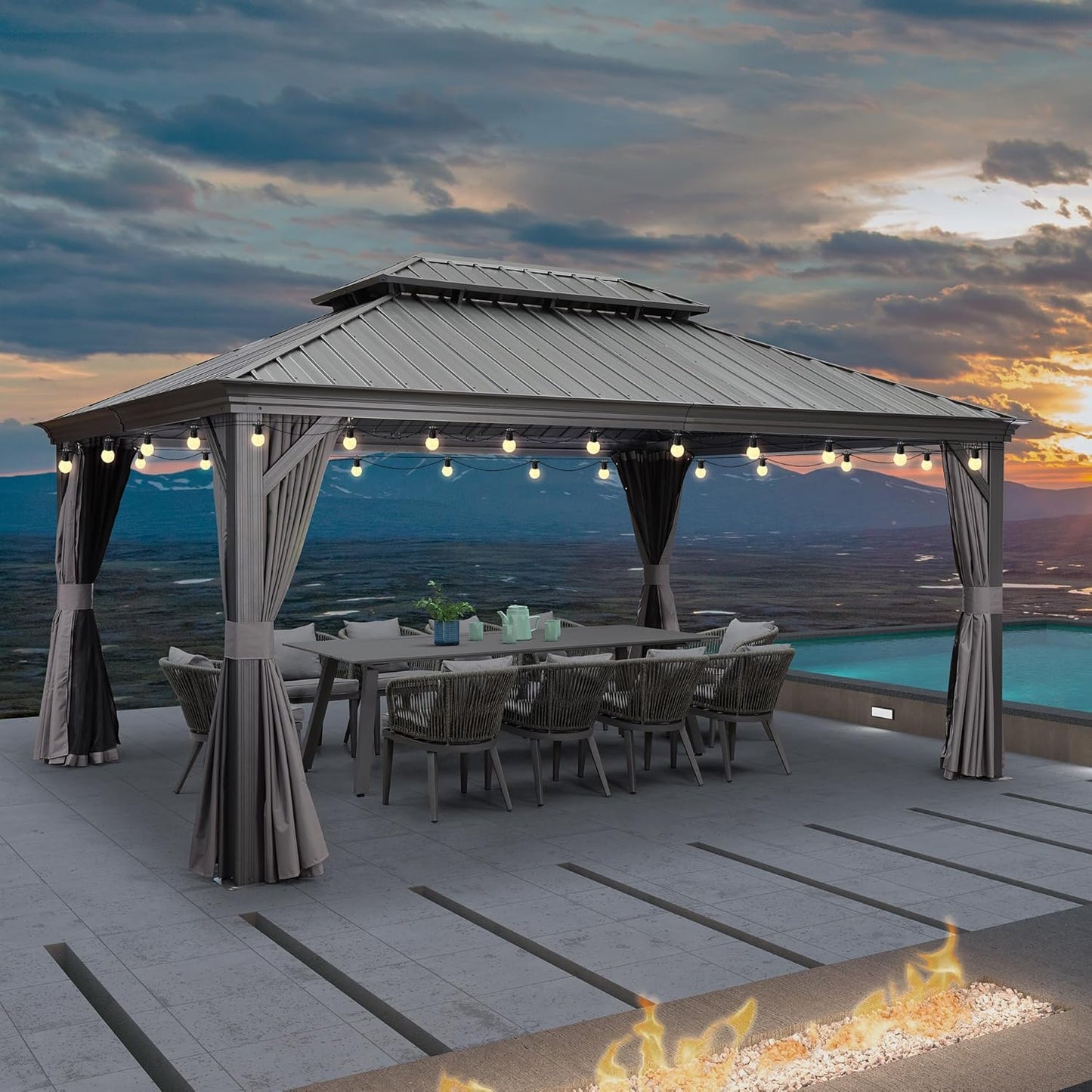 PURPLE LEAF Large Gazebo 12' X 24' with Galvanized Steel, Gray | 4.7" Thick Post, Built in Drainage, Windproof Cool Breeze, Snowproof & Rustproof, 260 GSM Textilene Netting, Fit Any Yard