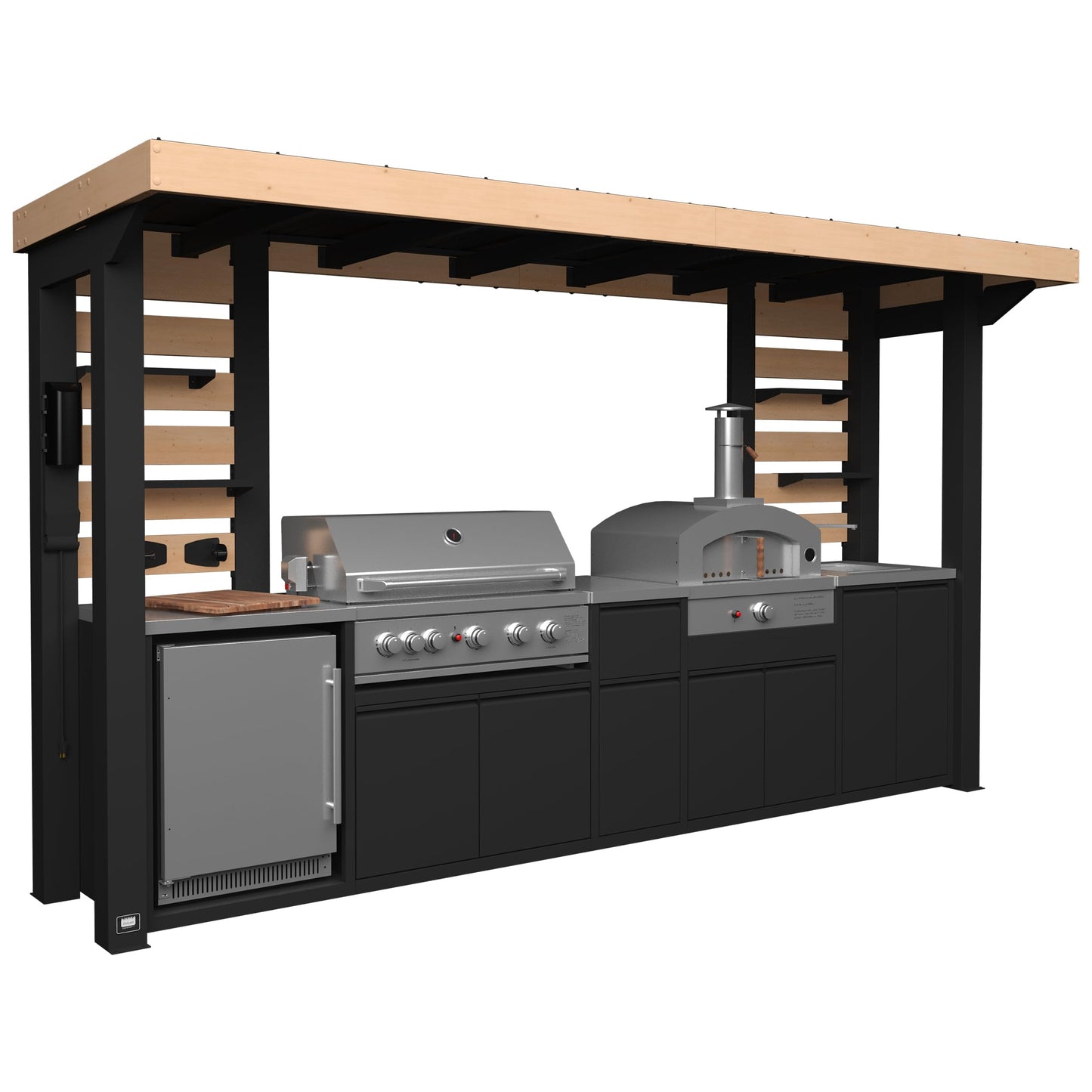 Backyard Discovery Fusion Flame Galvanized Steel Covered Outdoor Kitchen with 5-Burner Stainless, Grill, Refrigerator, Countertop, Storage, and, Roof for All-Season Outdoor Cooking, electric