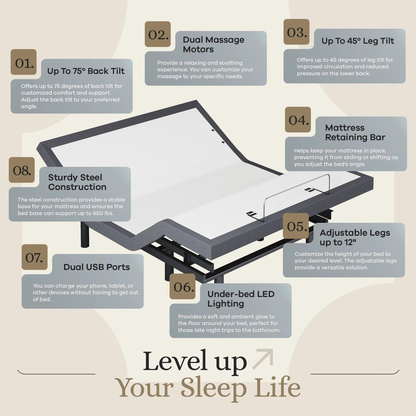 Sven & Son Classic Adjustable Bed Base, Head and Foot Lift, Massage, Under-Bed Lights, USB, Gel Memory, Zero Gravity Smart Frame - Full + 10 inch Memory Foam Matt (Firm)