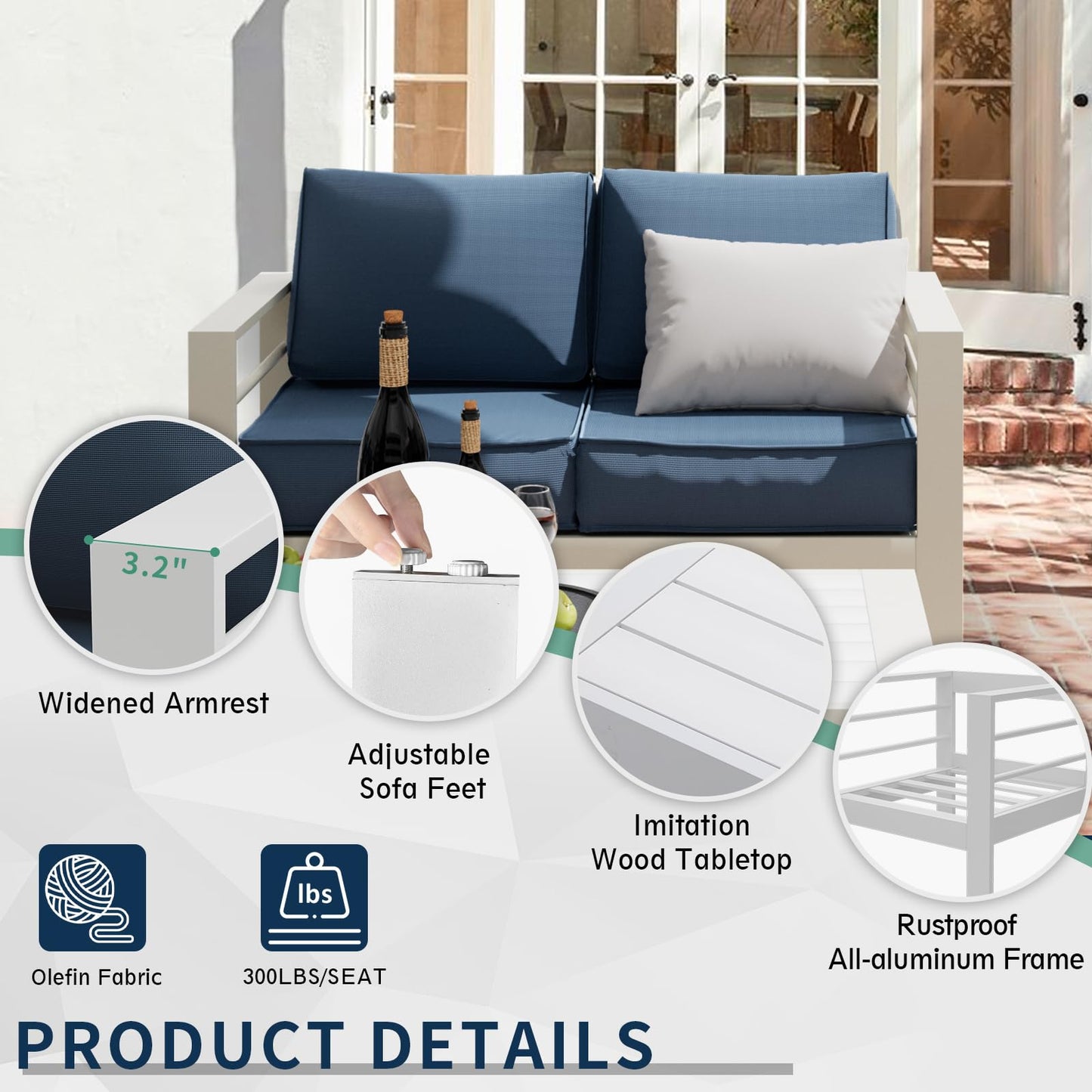Amopatio Aluminum Patio Furniture Set, 6 Pieces Modern Outdoor Furniture | Outdoor Sectional with Coffee Table, Included Waterproof Covers, for Balcony, Garden, White&Blue