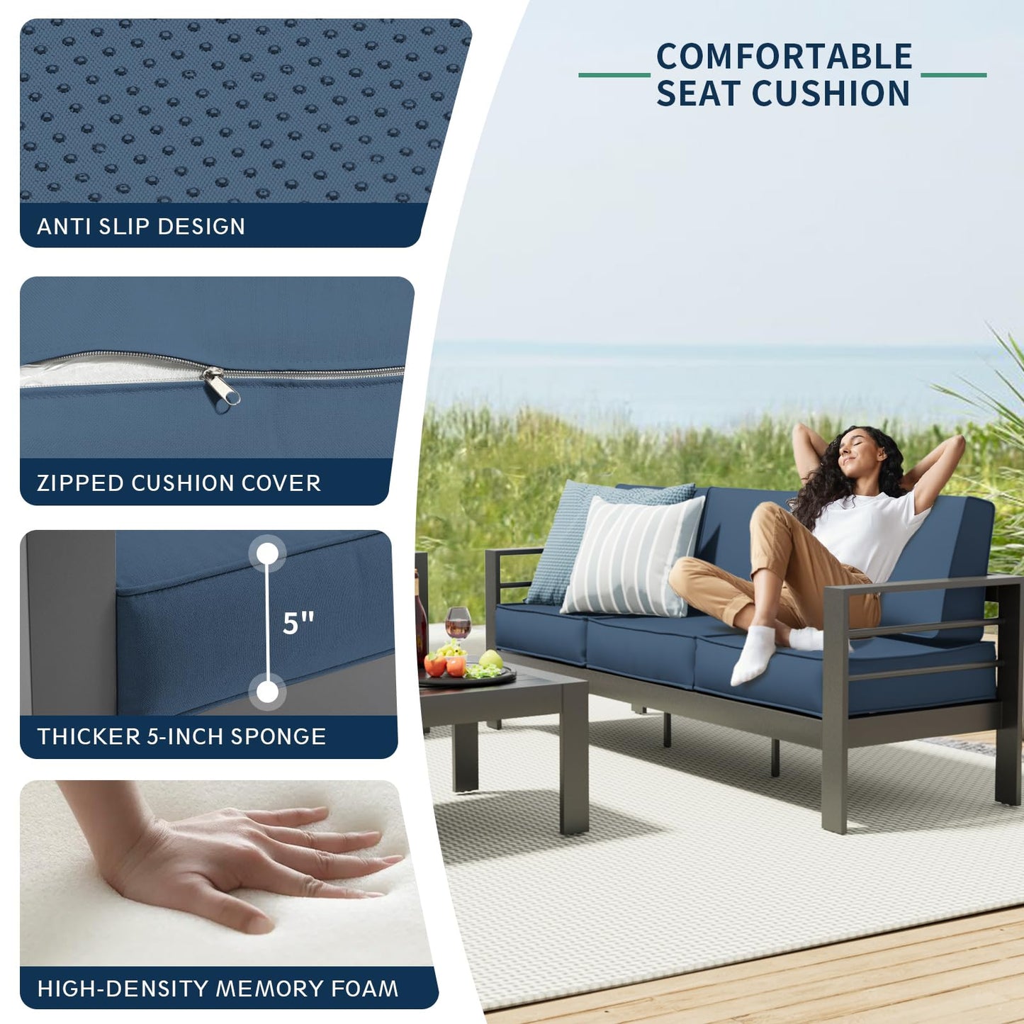 Amopatio Aluminum Patio Furniture Set, 6 Pieces Modern Outdoor Furniture | Outdoor Sectional with Coffee Table, Included Waterproof Covers, for Balcony, Garden, White&Blue