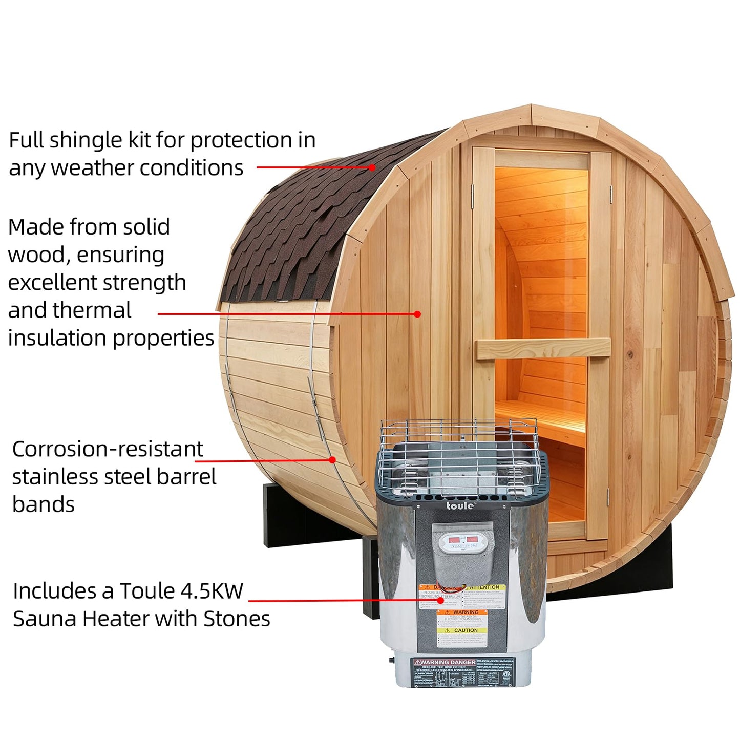 Outdoor Barrel Steam Sauna, 6-8 Person Canadian Hemlock Traditional Wooden Steam Saunas with 220V/6KW Toule Electric Stove, Tempered Glass Sauna Kits for Backyard & Garden (0-195℉)