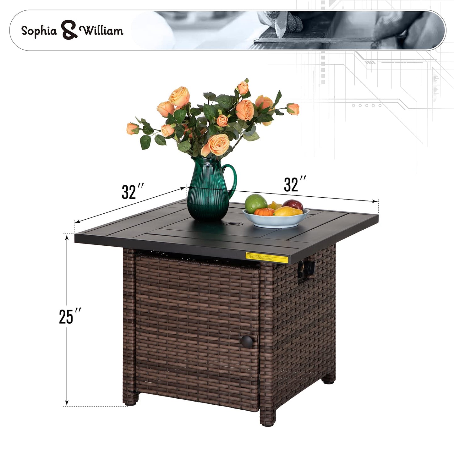 Sophia & William 56 Inch Gas Fire Pit Table,Rectangular Propane Fireplace | Outdoor Rattan Propane Fire Table with Fire Glass, Lid, 50,000 BTU Firepits for Outside Patio