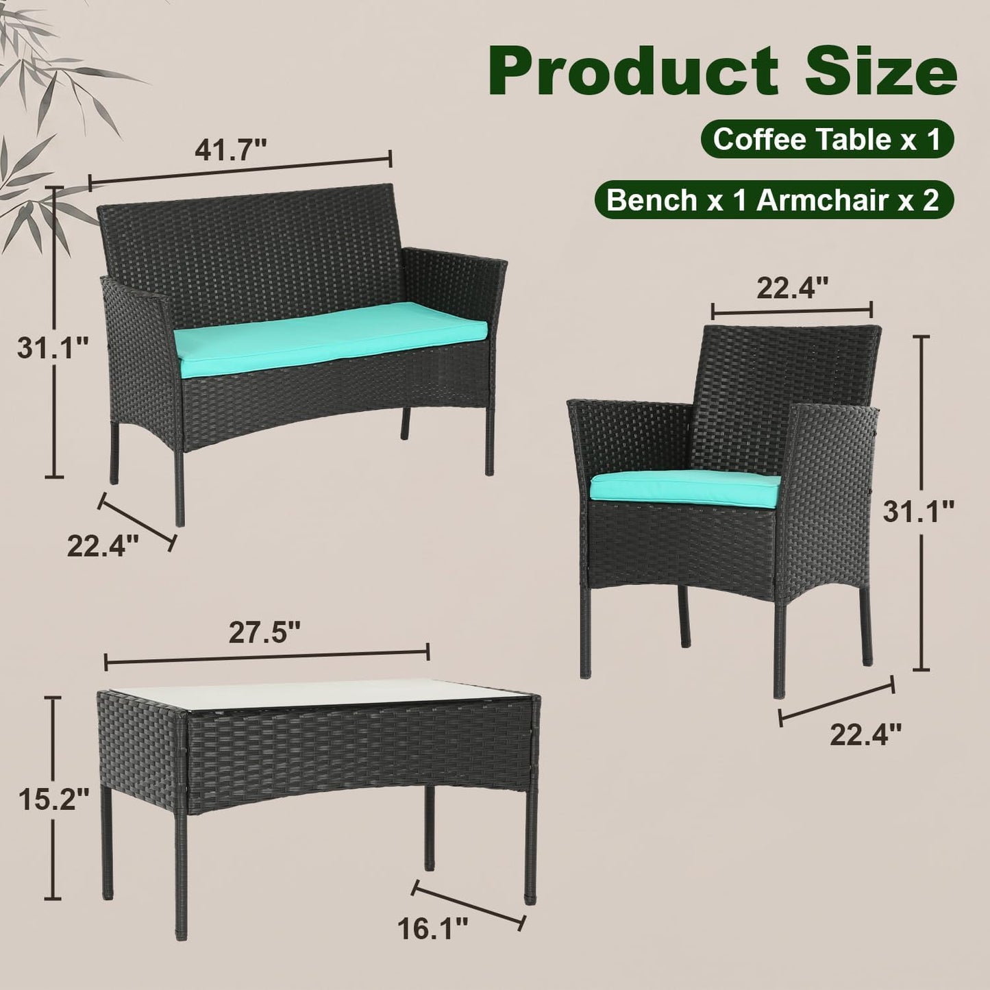 FDW 4-Piece Patio Furniture Set | Black | Outdoor Wicker Furniture | with Coffee Table | Modern Rattan Chairs Conversation Set | Outdoor Seating | Weather-Resistant | for Porch, Garden, Lawn