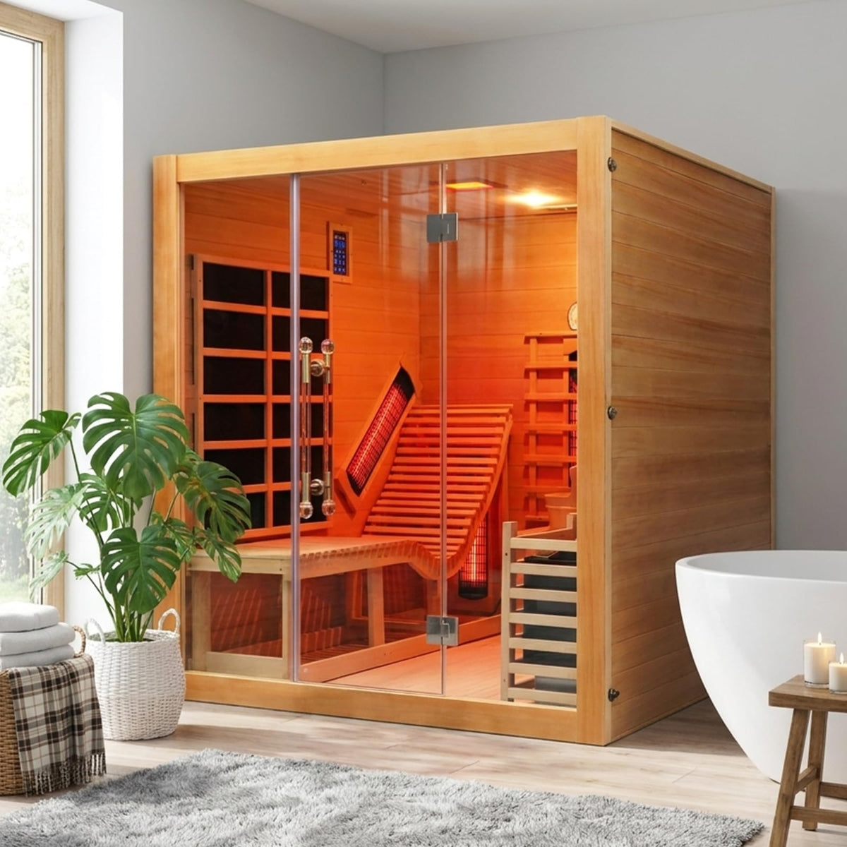 2 Person Infrared Saunas for Home with Recliner, 220V Traditional Sauna for Indoor Use, Canadian Ceder, Full Spectrum Sauna with 9 Heating Panels (Cedar)