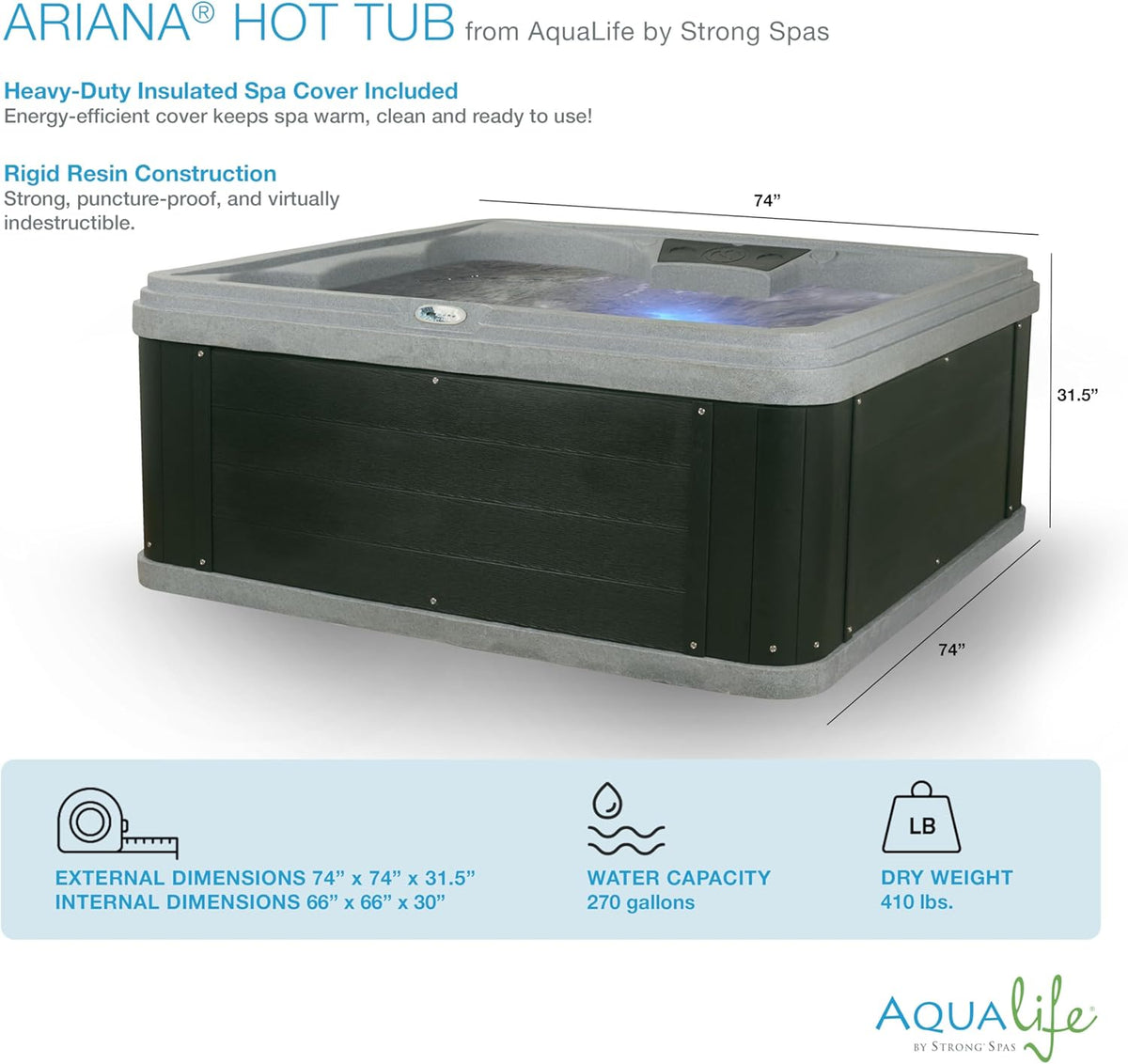 Ariana Outdoor Hot Tub, 6 Person Therapeutic Spa, 30 Jets, Underwater LED Lighting System, Insulated Spa Cover, Aqualife by Strong Spas