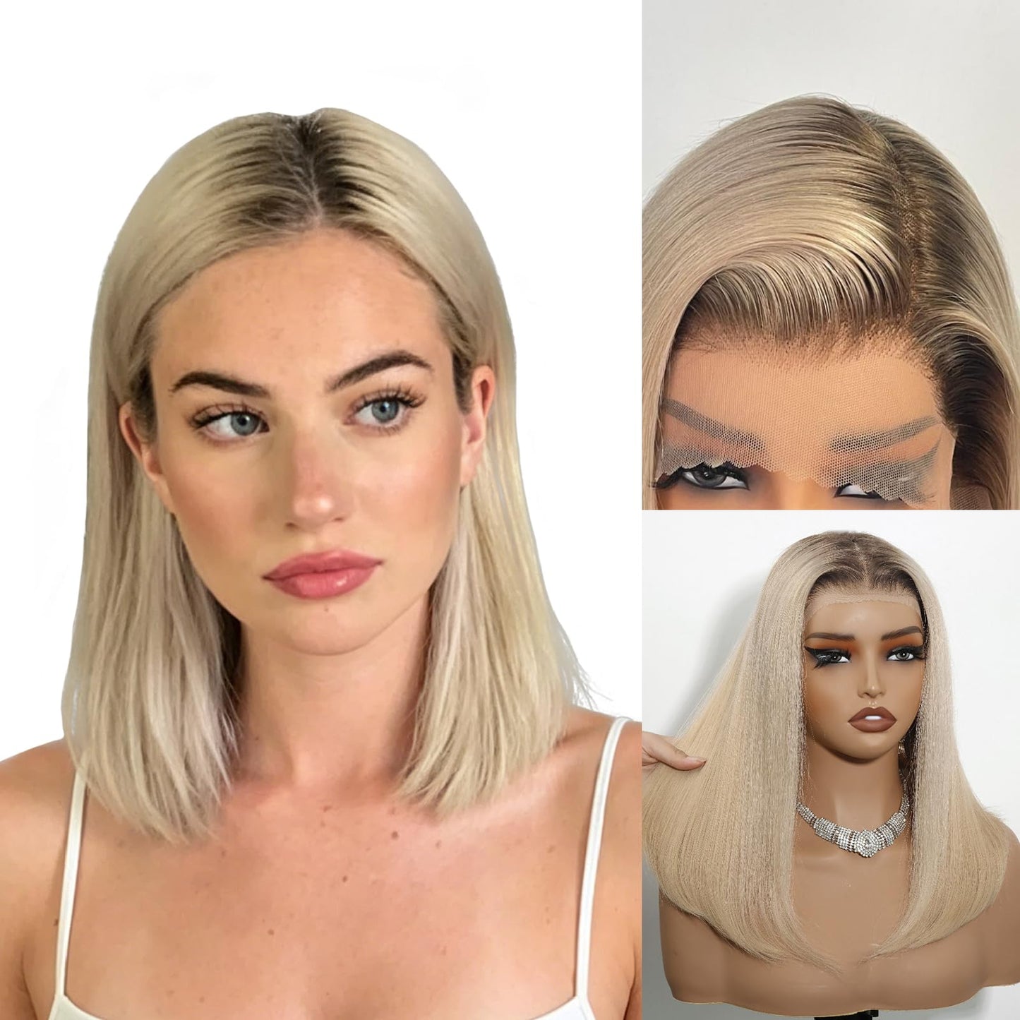Ash Blonde Wig Human Hair 13x4 Glueless Lace Front Bob Wig 12" | 220% Density Double Drawn 15A Remy Brazilian Human Hair Wig Soft & Full Wear Go HD Pre cut Lace Pre plucked Natural Hairline