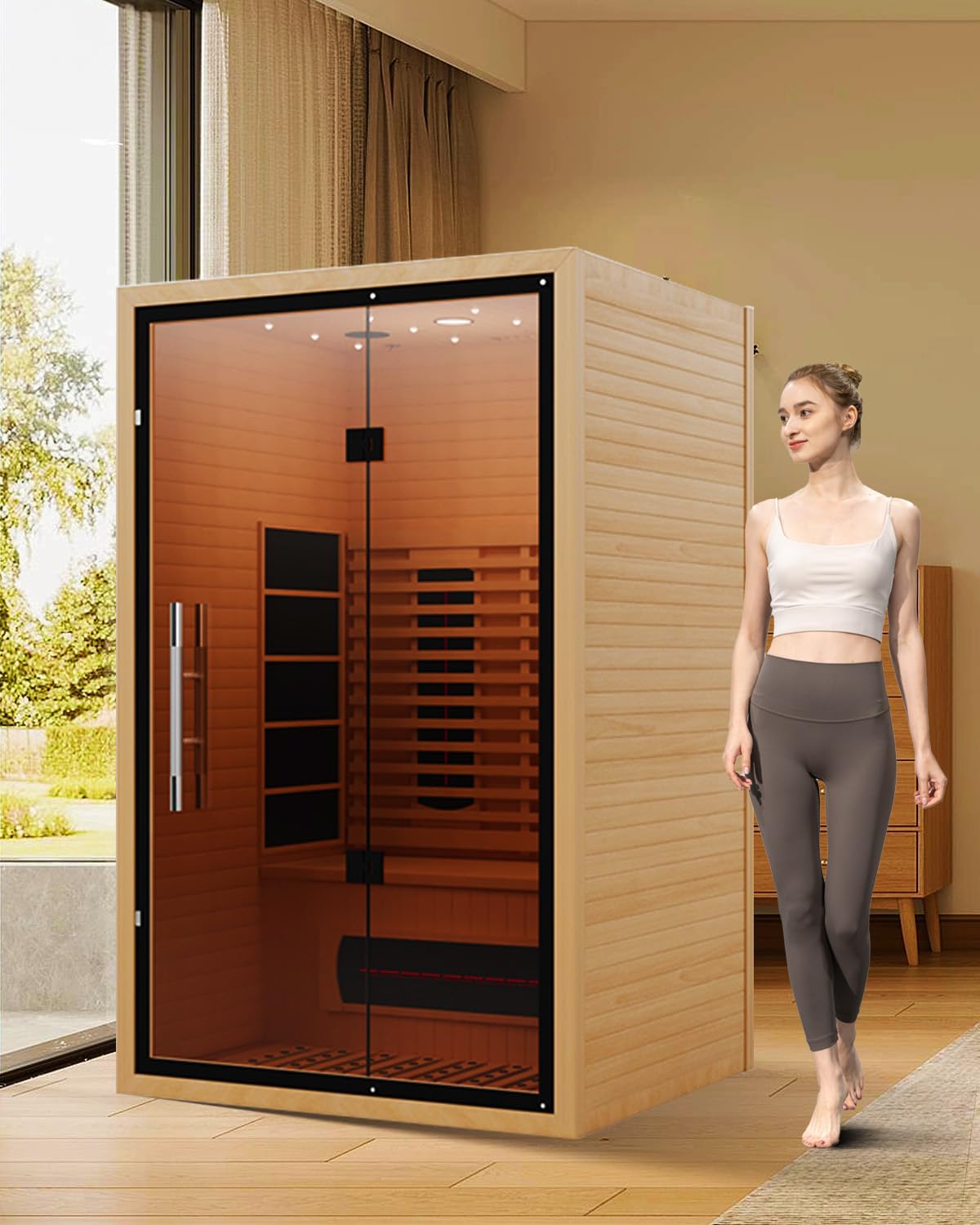 2 Person Infrared Saunas for Home with Recliner, 220V Traditional Sauna for Indoor Use, Canadian Ceder, Full Spectrum Sauna with 9 Heating Panels (Cedar)