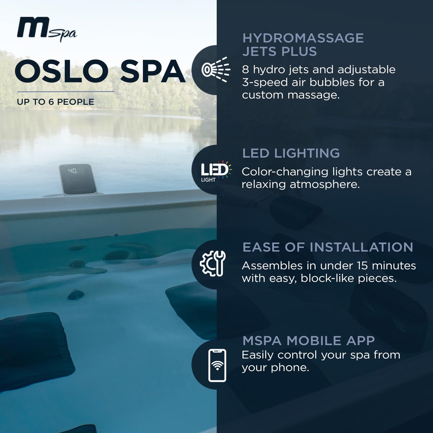 MSpa Square Hydro Jets Bubble Spa with Hard Exterior & Soft Lining Interior | 4 to 6 Person Hot Tub with 2 Covers (1 Standard and 1 Energy-Efficient Cover), Oslo