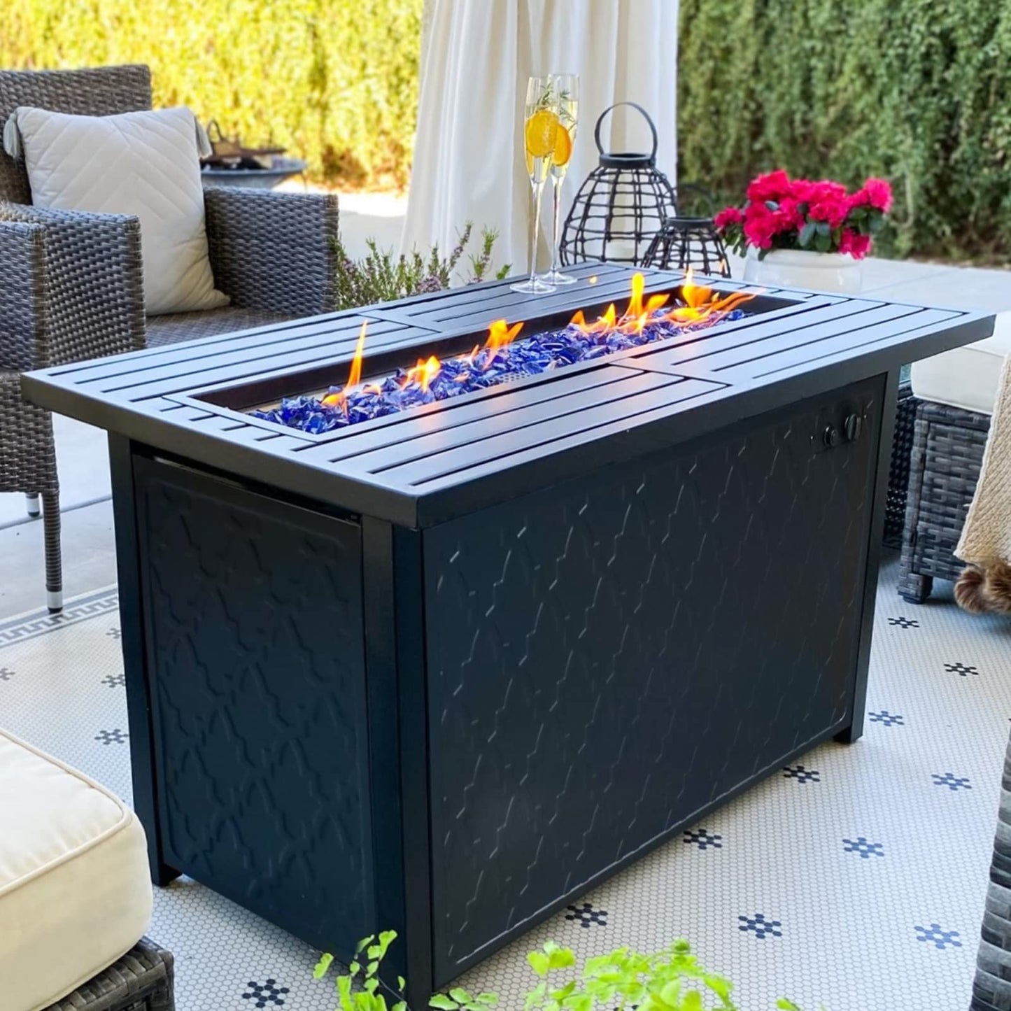 Sophia & William 56 Inch Gas Fire Pit Table,Rectangular Propane Fireplace | Outdoor Rattan Propane Fire Table with Fire Glass, Lid, 50,000 BTU Firepits for Outside Patio