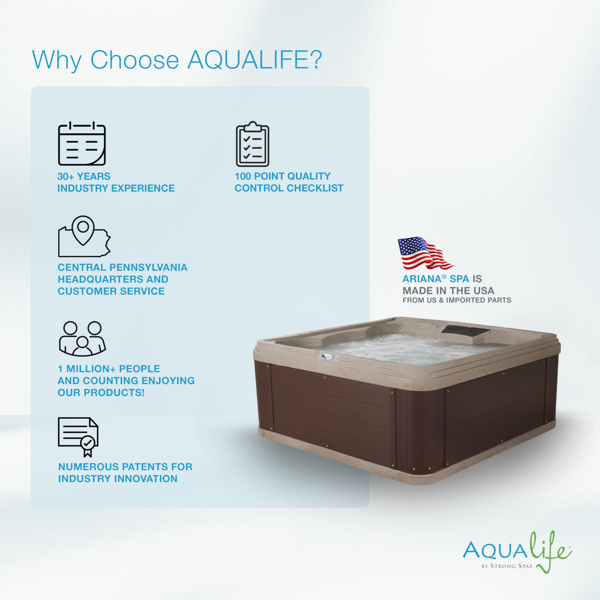 Ariana Outdoor Hot Tub, 6 Person Therapeutic Spa, 30 Jets, Underwater LED Lighting System, Insulated Spa Cover, Aqualife by Strong Spas