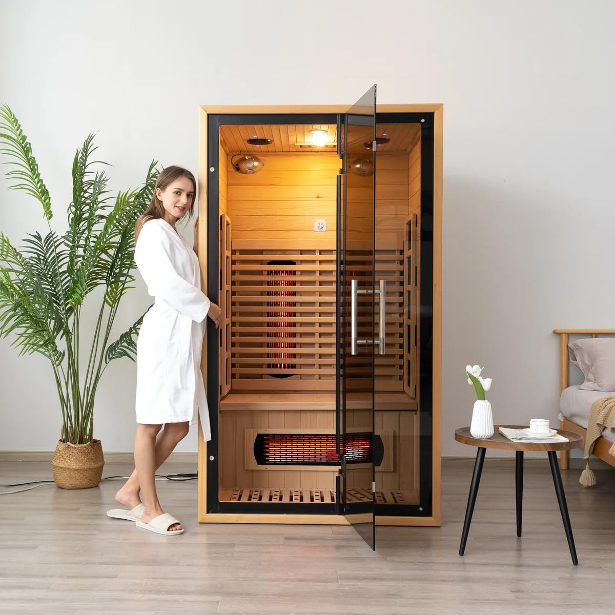 2 Person Infrared Saunas for Home with Recliner, 220V Traditional Sauna for Indoor Use, Canadian Ceder, Full Spectrum Sauna with 9 Heating Panels (Cedar)
