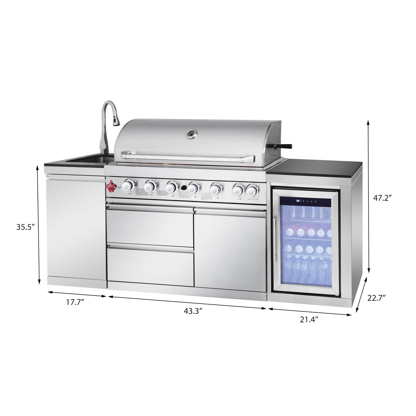102.4 Inch Outdoor Kitchen Island | 4 Burner Propane Gas BBQ Grill with Sink and Refrigerator, 59500 BTU 304 Stainless Steel, Black (Black, 102.4"')