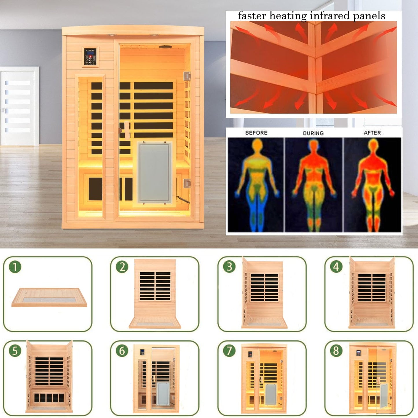 3 Person Infrared Sauna Ceramic Infrared Sauna w/Red Light Therapy | Far & Near Infrared Sauna Indoor, Low EMF Infrared Saunas for Home, Hemlock Deluxe Glass Home Sauna with Granite Backdrop