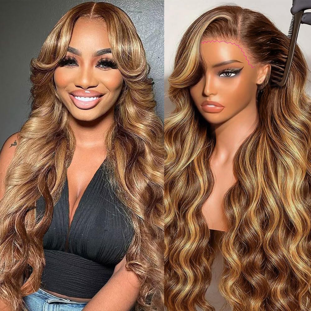 miear 360 Drawstring Lace Front Wigs Human Hair 4/27 Highlight Ombre Wig | 360 HD Full Lace Frontal Wig Body Wave Lace Front Wig Pre Plucked for Black Women 180% Density Honey Blonde Color 28inch