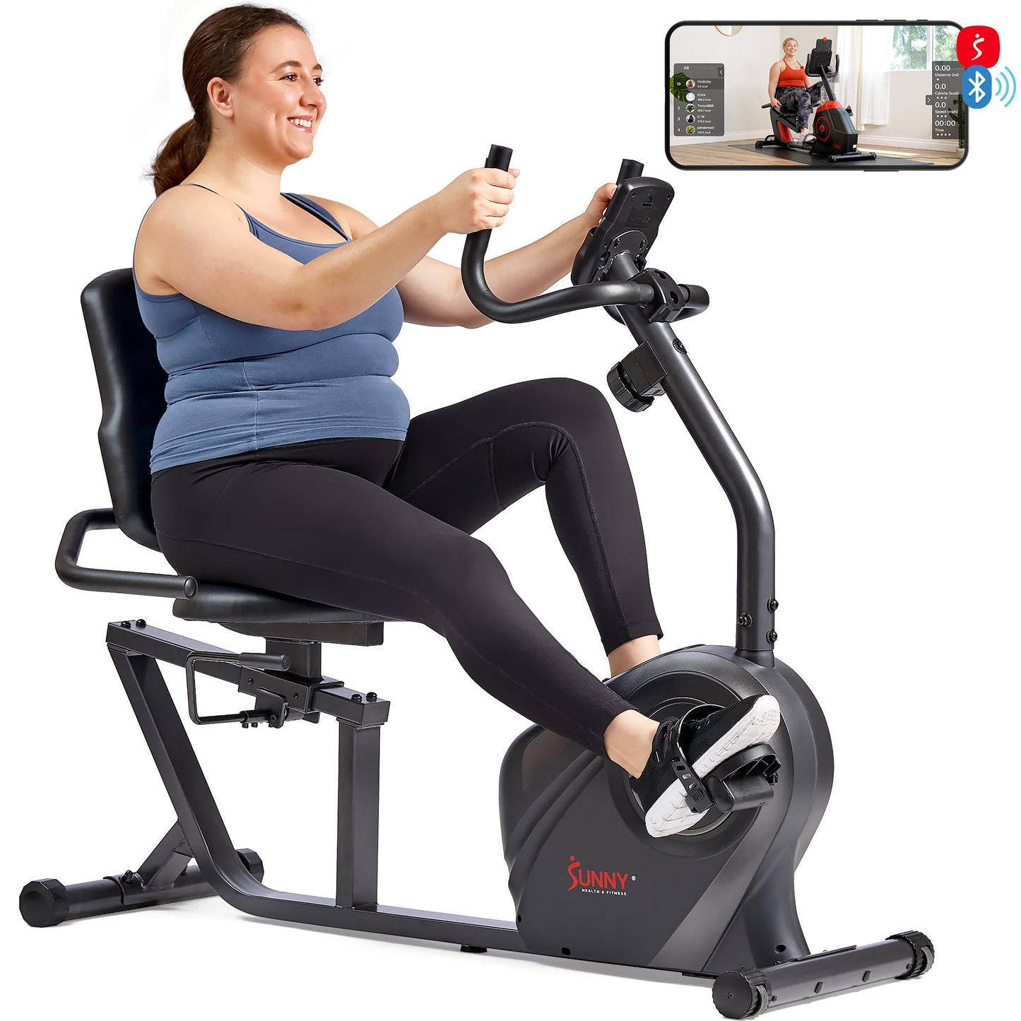 Sunny Health & Fitness Smart Recumbent Bike, Wide Cushioned Seat & Back, Indoor Cycling Machine for Adult/Seniors Home Exercise, Free SunnyFit App Connection