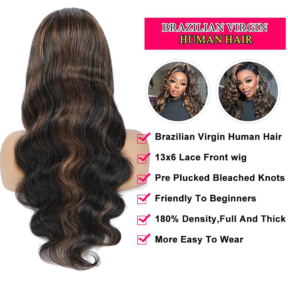 miear 360 Drawstring Lace Front Wigs Human Hair 4/27 Highlight Ombre Wig | 360 HD Full Lace Frontal Wig Body Wave Lace Front Wig Pre Plucked for Black Women 180% Density Honey Blonde Color 28inch