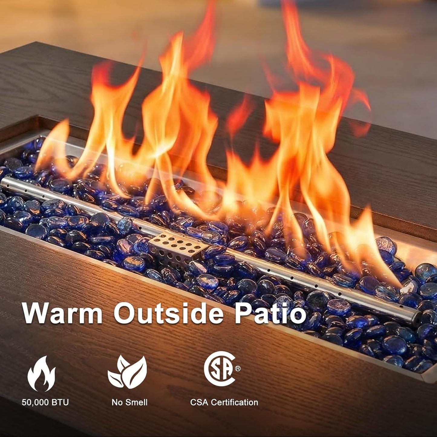 Fire Pit Table, 50,000 BTU Propane Fire Pit Tables for Outside Patio, Brown | 42 Inch Rectangular Fire Pit Table, 2-IN-1 Fire Table with Removable Lid and Blue Glass Stones, CSA Certification