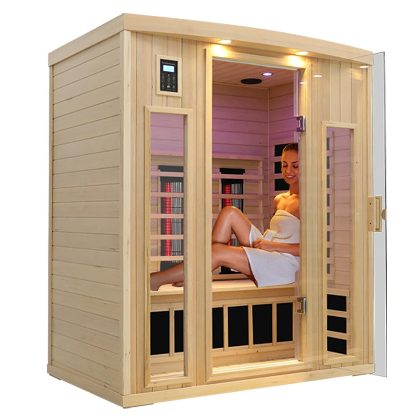 3 Person Infrared Sauna Ceramic Infrared Sauna w/Red Light Therapy | Far & Near Infrared Sauna Indoor, Low EMF Infrared Saunas for Home, Hemlock Deluxe Glass Home Sauna with Granite Backdrop