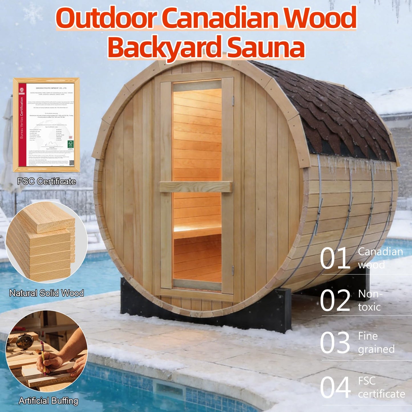 Outdoor Barrel Steam Sauna, 6-8 Person Canadian Hemlock Traditional Wooden Steam Saunas with 220V/6KW Toule Electric Stove, Tempered Glass Sauna Kits for Backyard & Garden (0-195℉)