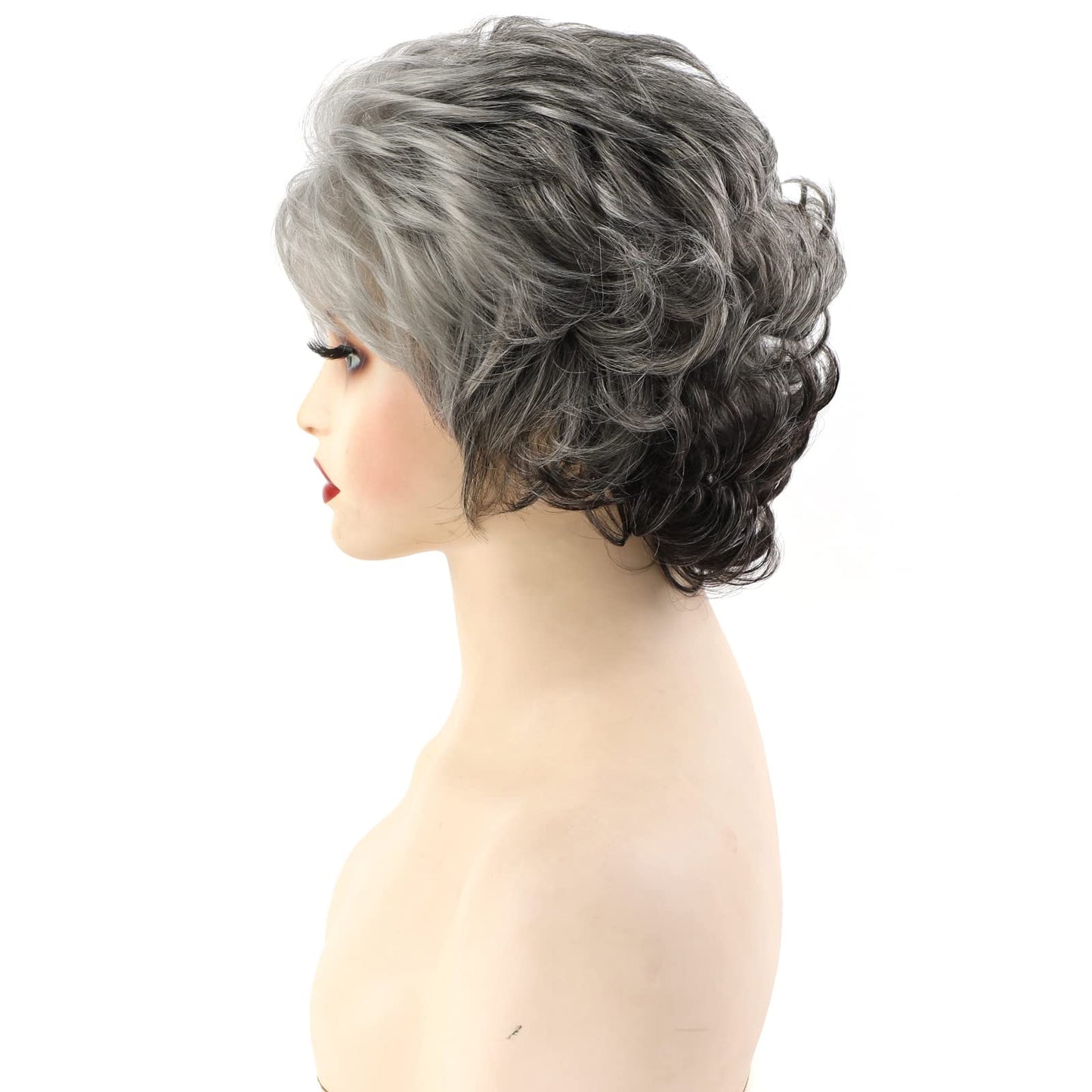 TISHINING Short Grey Curly Wigs for White Women Layered Silver Gray Pixie Cut Synthetic Full Wig with Bangs Natural Looking Daily Party Wigs for Older Women