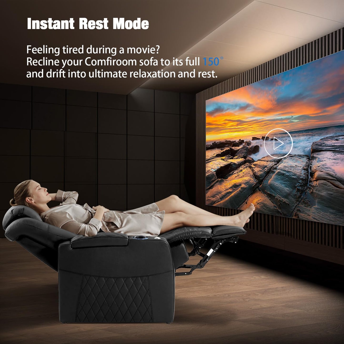 comfiroom Top-Grain Leather Home Theater Seating, Dual-Motor Power Recliner | Classic Series Black Zero Gravity Motorized Theater Chair with USB-C Charging, Adjustable Headrest, Tray Table, Row of 1