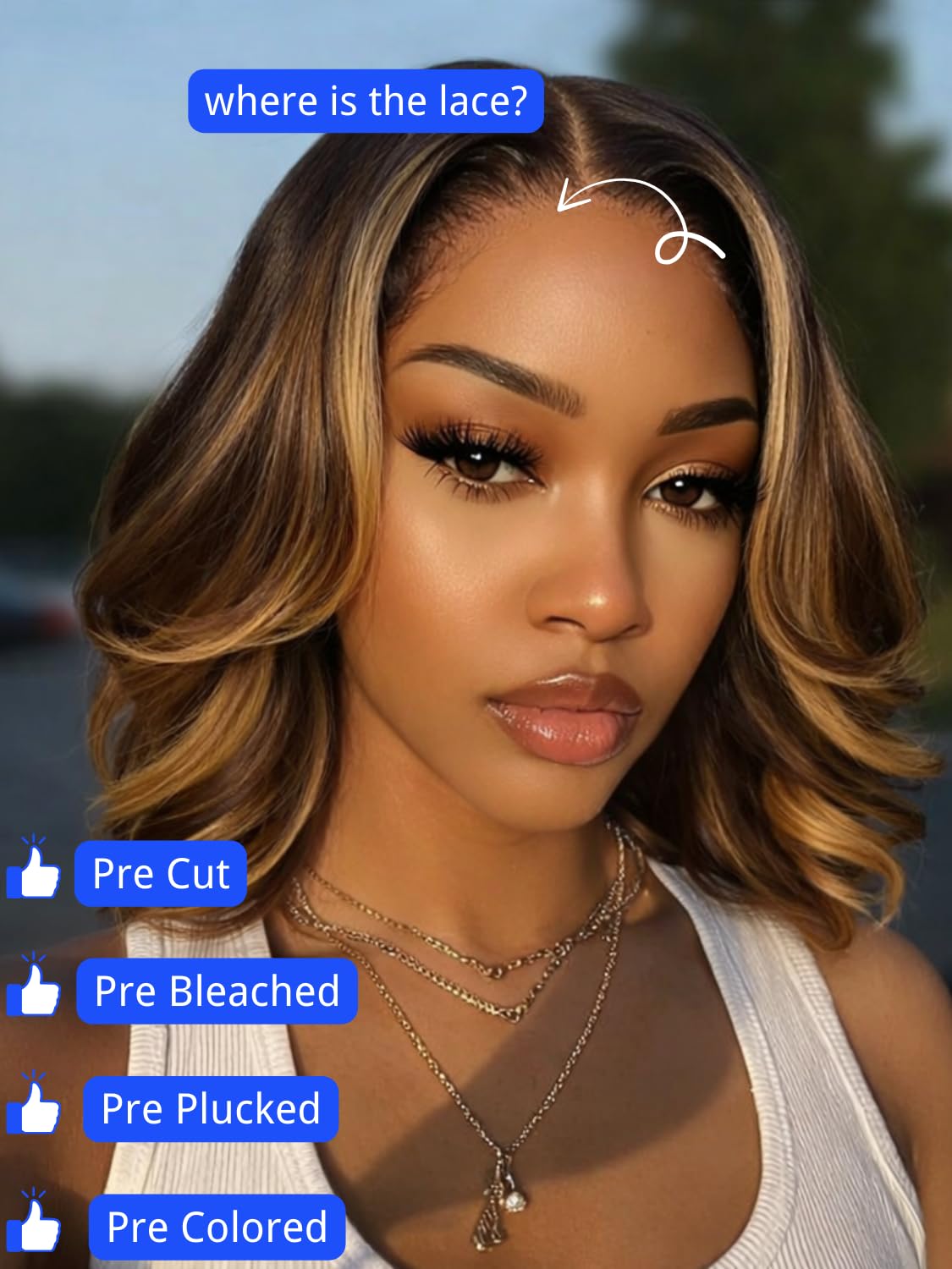 Nadula 13x4 HD Ombre Brown Wavy Bob Drawstring Wig Human Hair with Blonde Face Framing Layers Bangs,Pre Everything Glueless No Slip Wig Pre Plucked Ready to Wear Short Highlight Wavy Bob Wig 10inch