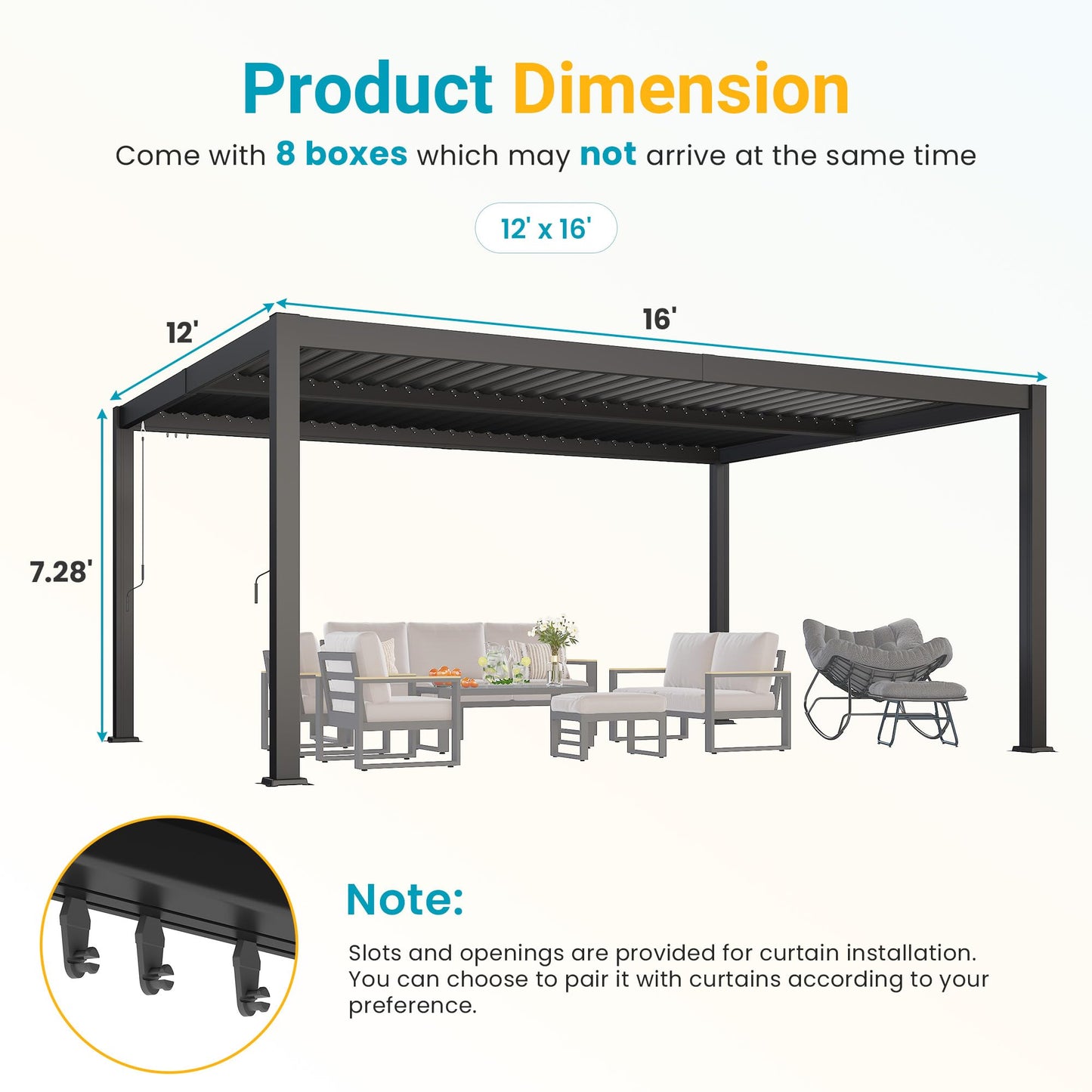 12' x 16' Pergola with Curtain & Adjustable Roof & Aluminum Frame for Patio | Louvered Pergola, Patio Pergola with Netting & Gutter System, Outdoor Pergola, Hardtop Gazebo for Deck, Yard, Dark Gray