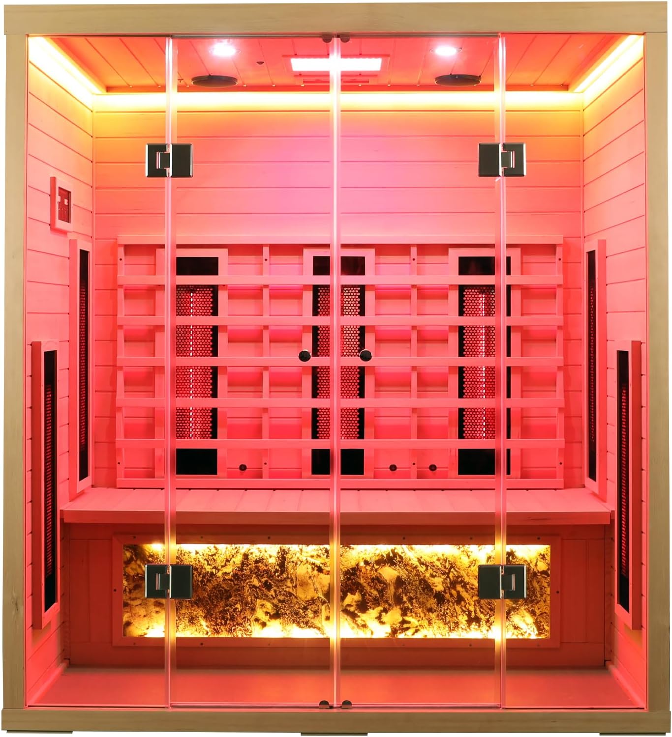 3 Person Infrared Sauna Ceramic Infrared Sauna w/Red Light Therapy | Far & Near Infrared Sauna Indoor, Low EMF Infrared Saunas for Home, Hemlock Deluxe Glass Home Sauna with Granite Backdrop