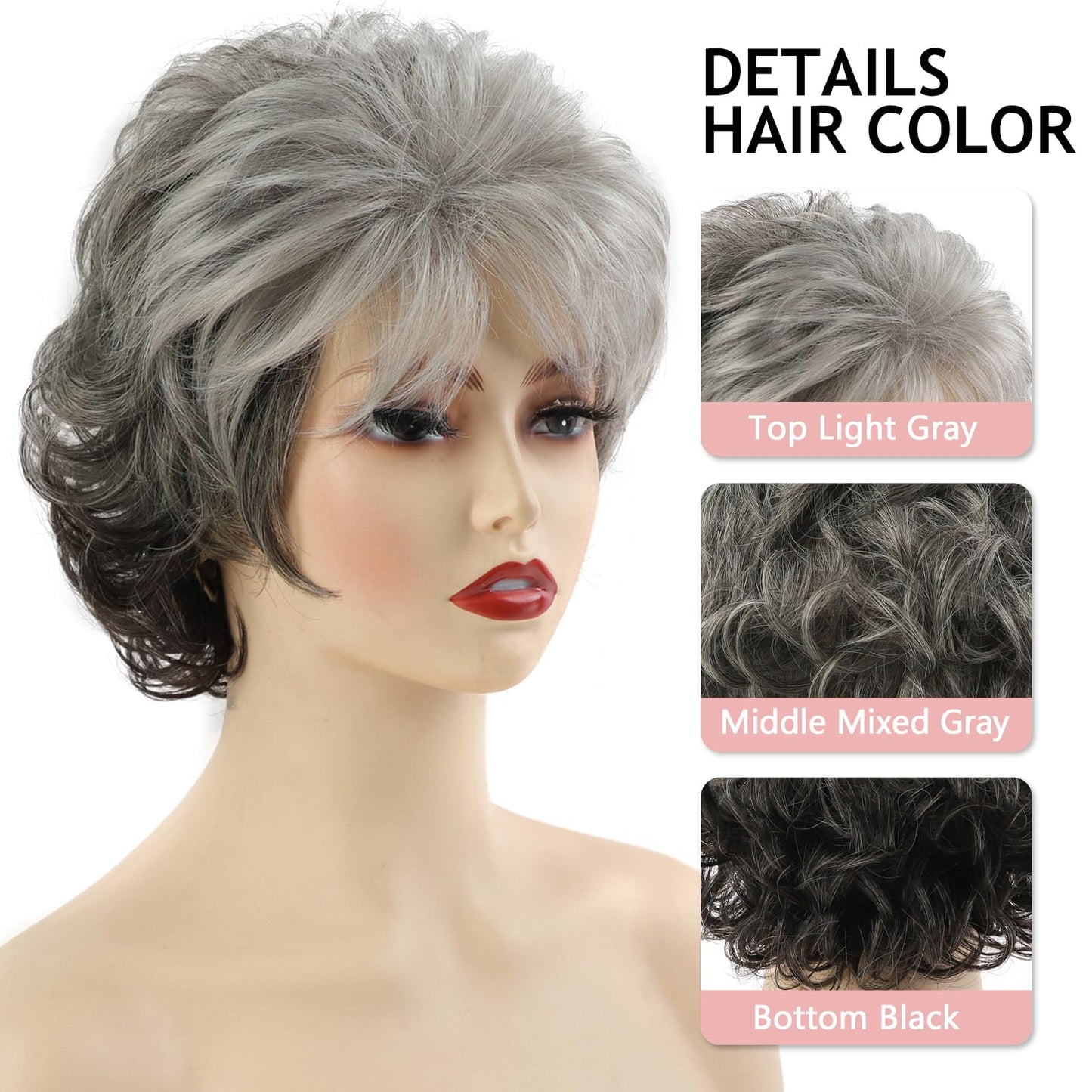TISHINING Short Grey Curly Wigs for White Women Layered Silver Gray Pixie Cut Synthetic Full Wig with Bangs Natural Looking Daily Party Wigs for Older Women