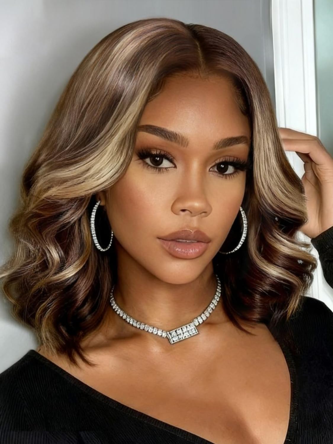 Nadula 13x4 HD Ombre Brown Wavy Bob Drawstring Wig Human Hair with Blonde Face Framing Layers Bangs,Pre Everything Glueless No Slip Wig Pre Plucked Ready to Wear Short Highlight Wavy Bob Wig 10inch