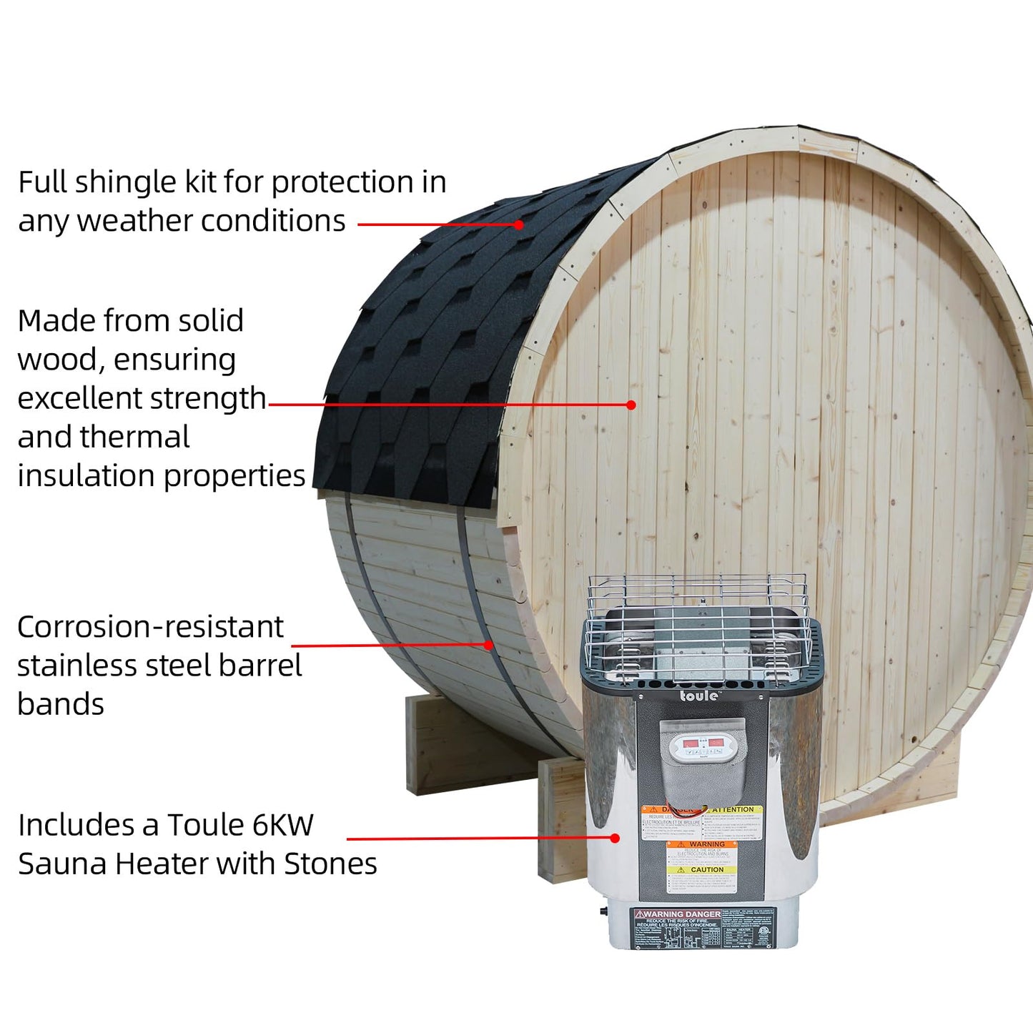 Outdoor Barrel Steam Sauna, 6-8 Person Canadian Hemlock Traditional Wooden Steam Saunas with 220V/6KW Toule Electric Stove, Tempered Glass Sauna Kits for Backyard & Garden (0-195℉)