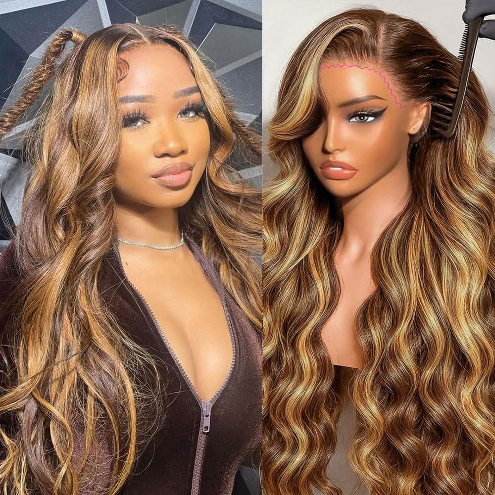miear 360 Drawstring Lace Front Wigs Human Hair 4/27 Highlight Ombre Wig | 360 HD Full Lace Frontal Wig Body Wave Lace Front Wig Pre Plucked for Black Women 180% Density Honey Blonde Color 28inch