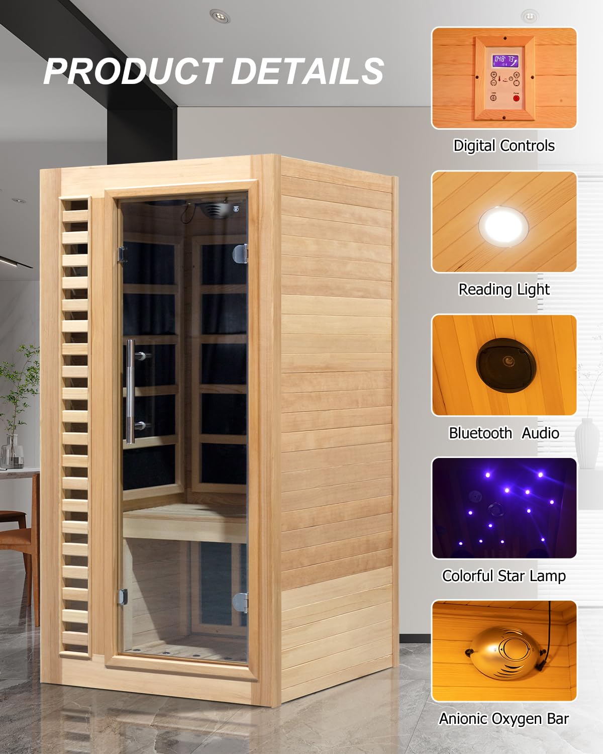 2 Person Infrared Saunas for Home with Recliner, 220V Traditional Sauna for Indoor Use, Canadian Ceder, Full Spectrum Sauna with 9 Heating Panels (Cedar)