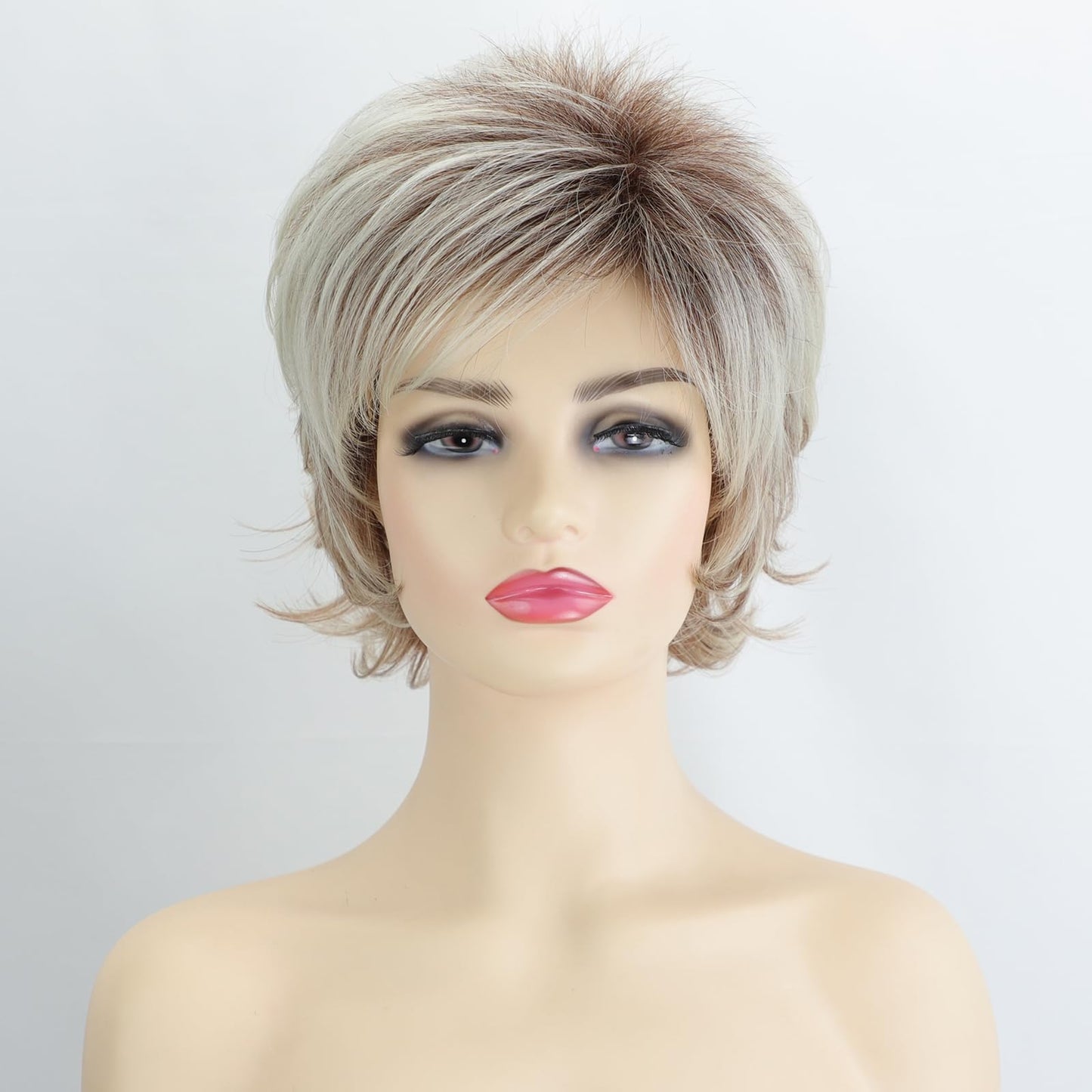 TISHINING Short Grey Curly Wigs for White Women Layered Silver Gray Pixie Cut Synthetic Full Wig with Bangs Natural Looking Daily Party Wigs for Older Women