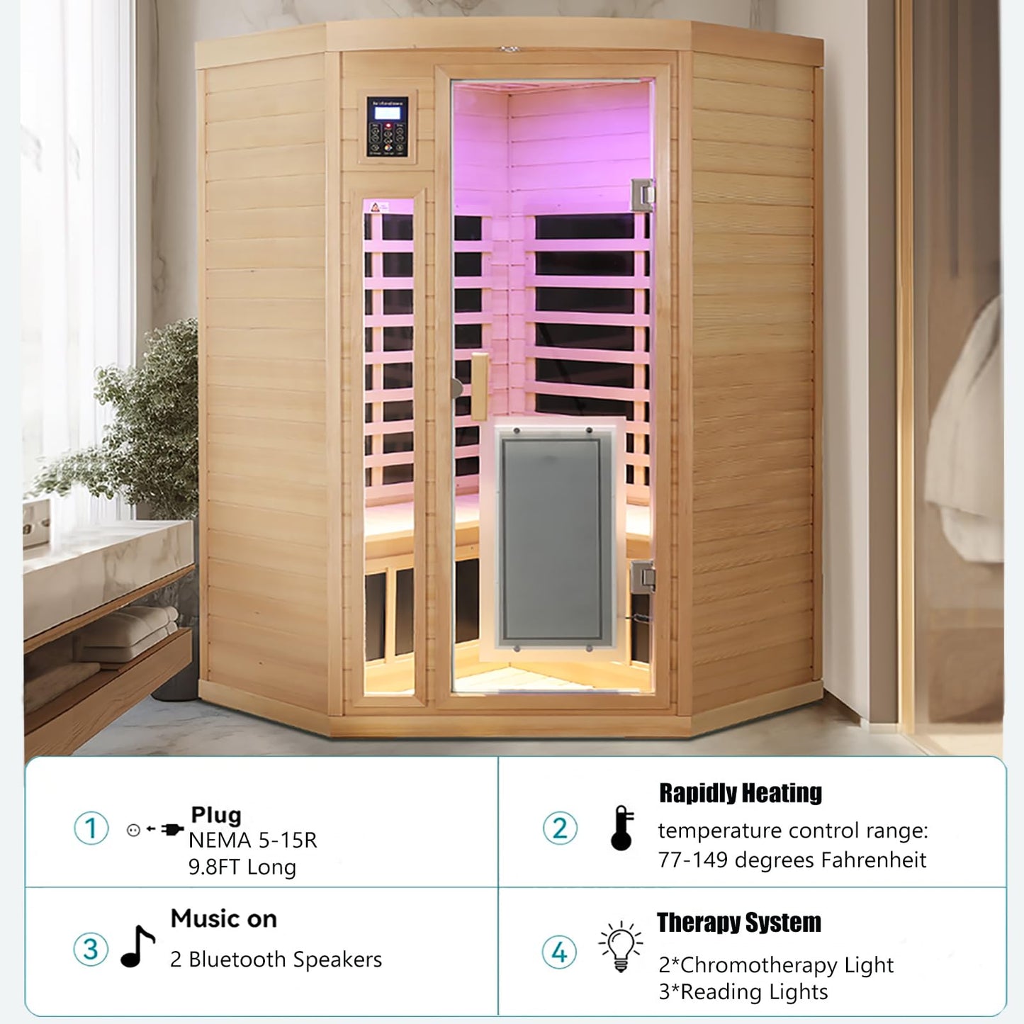 3 Person Infrared Sauna Ceramic Infrared Sauna w/Red Light Therapy | Far & Near Infrared Sauna Indoor, Low EMF Infrared Saunas for Home, Hemlock Deluxe Glass Home Sauna with Granite Backdrop