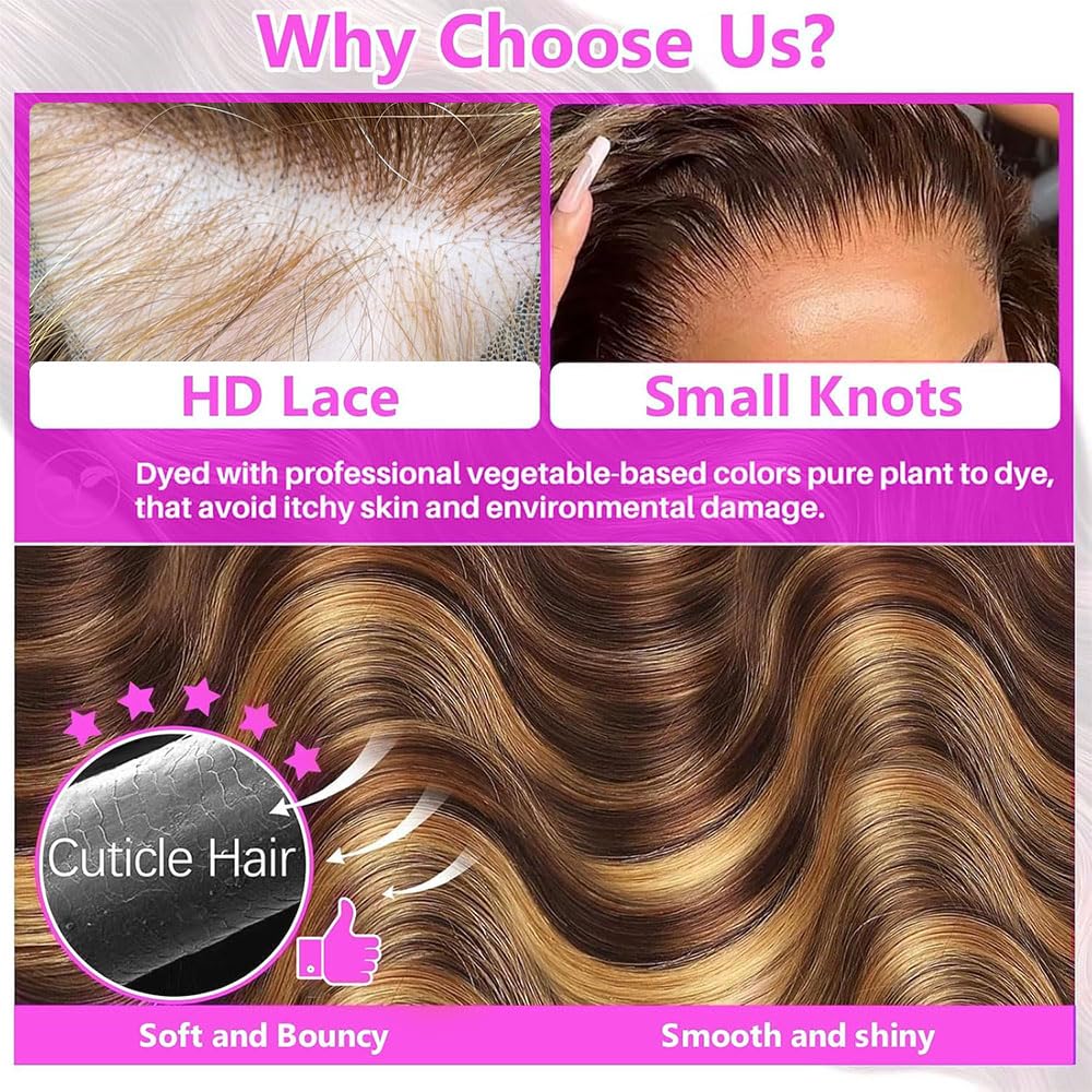 miear 360 Drawstring Lace Front Wigs Human Hair 4/27 Highlight Ombre Wig | 360 HD Full Lace Frontal Wig Body Wave Lace Front Wig Pre Plucked for Black Women 180% Density Honey Blonde Color 28inch